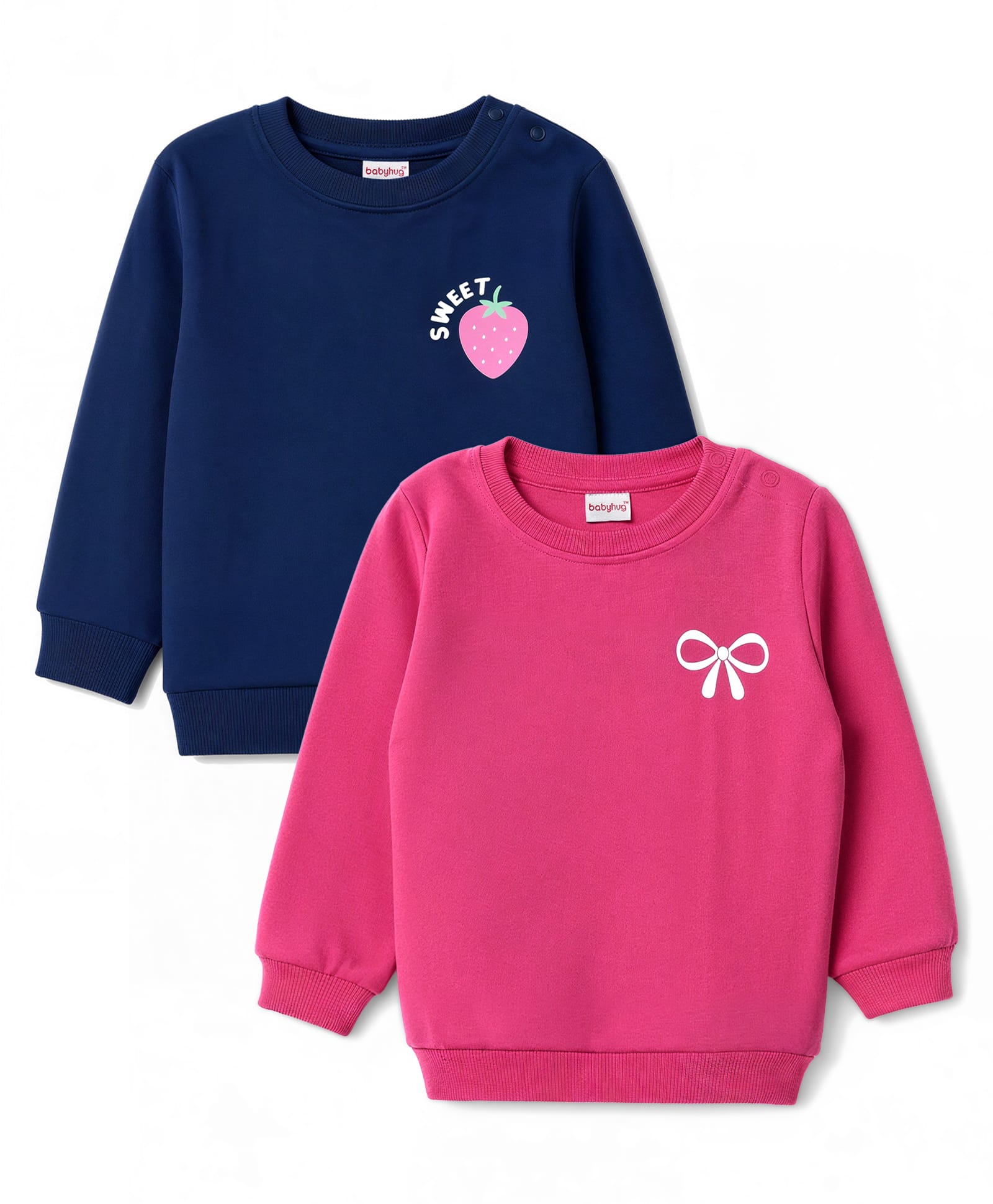Babyhug Heavy Gauge Terry Knit Full Sleeves Sweatshirt with Bow & Strawberry Print Pack of 2 - Dark Pink & Navy-image-21