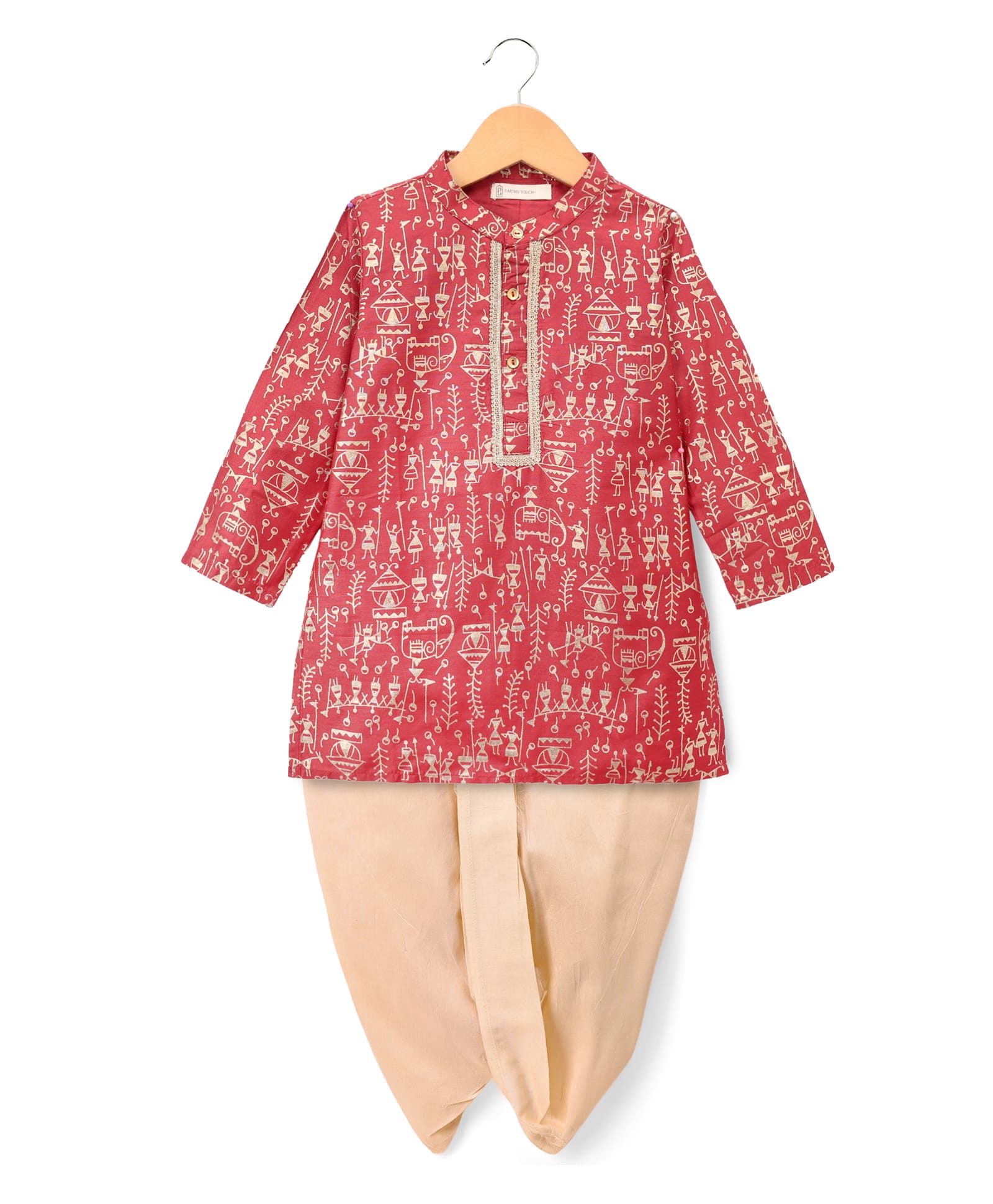 EARTHY TOUCH Viscose Woven Full Sleeves Dhoti Kurta Set With Warli Print & Lace Detailing - Maroon-image-35