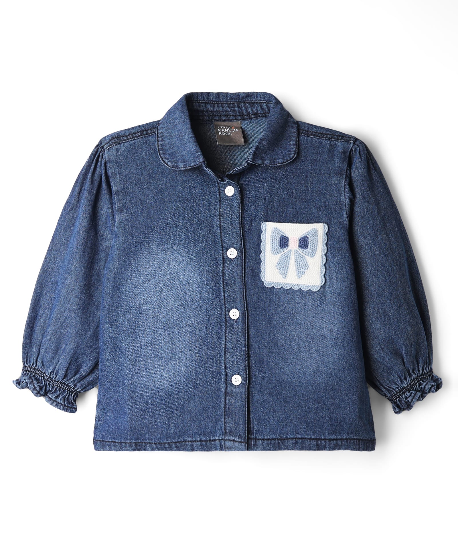 Little Kangaroos Denim Woven Shirt Style Top with Full Sleeves and Bow Patch - Blue-picture-28