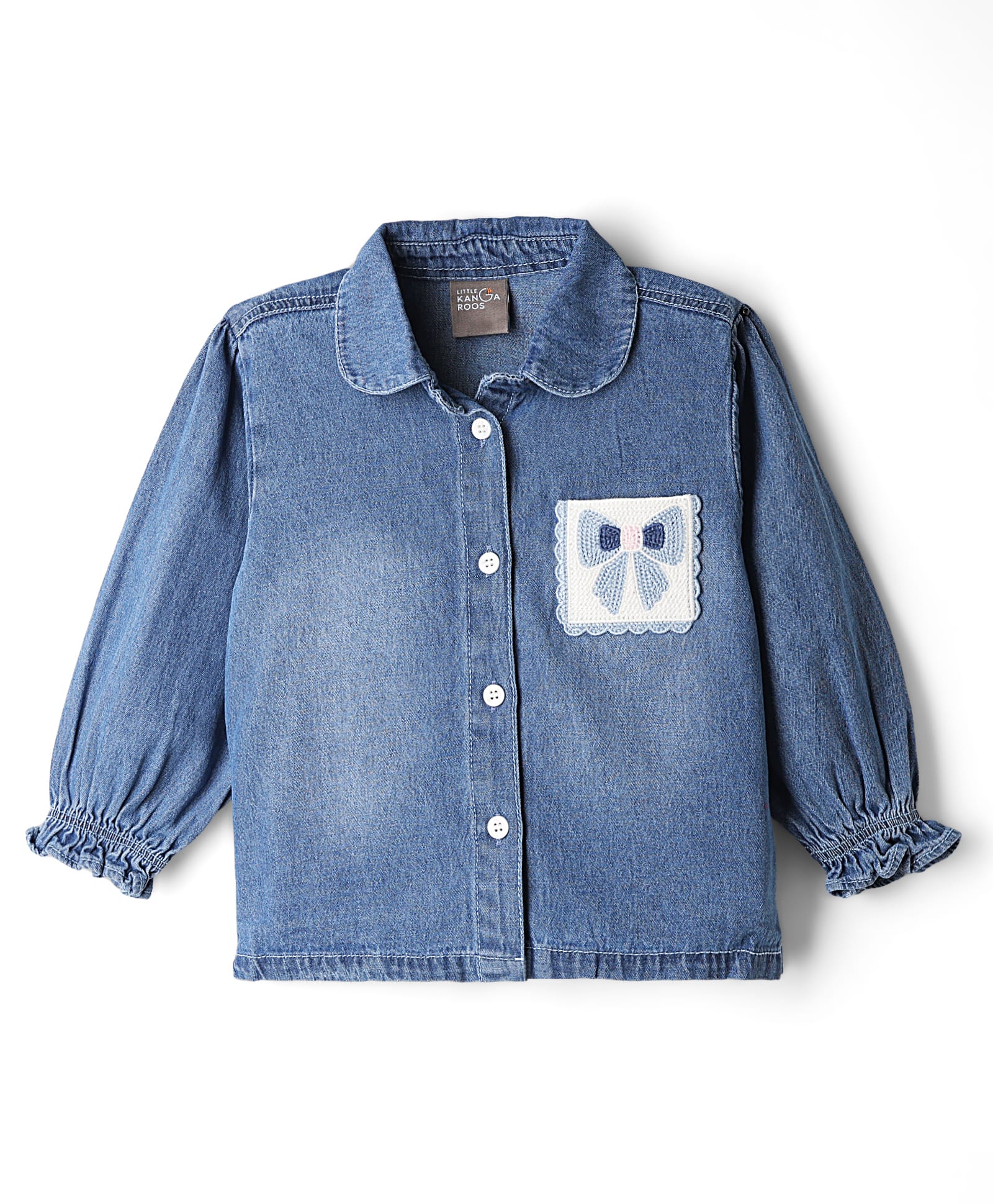Little Kangaroos Denim Woven Shirt Style Top with Full Sleeves and Bow Patch - Navy Blue-picture-18