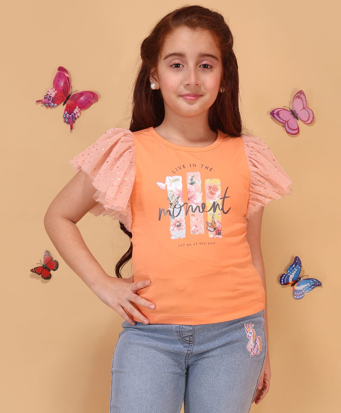 Cutecumber Cotton Knit Flutter Sleeves Live In The Moment Text & Floral Printed Top - Orange-image-17