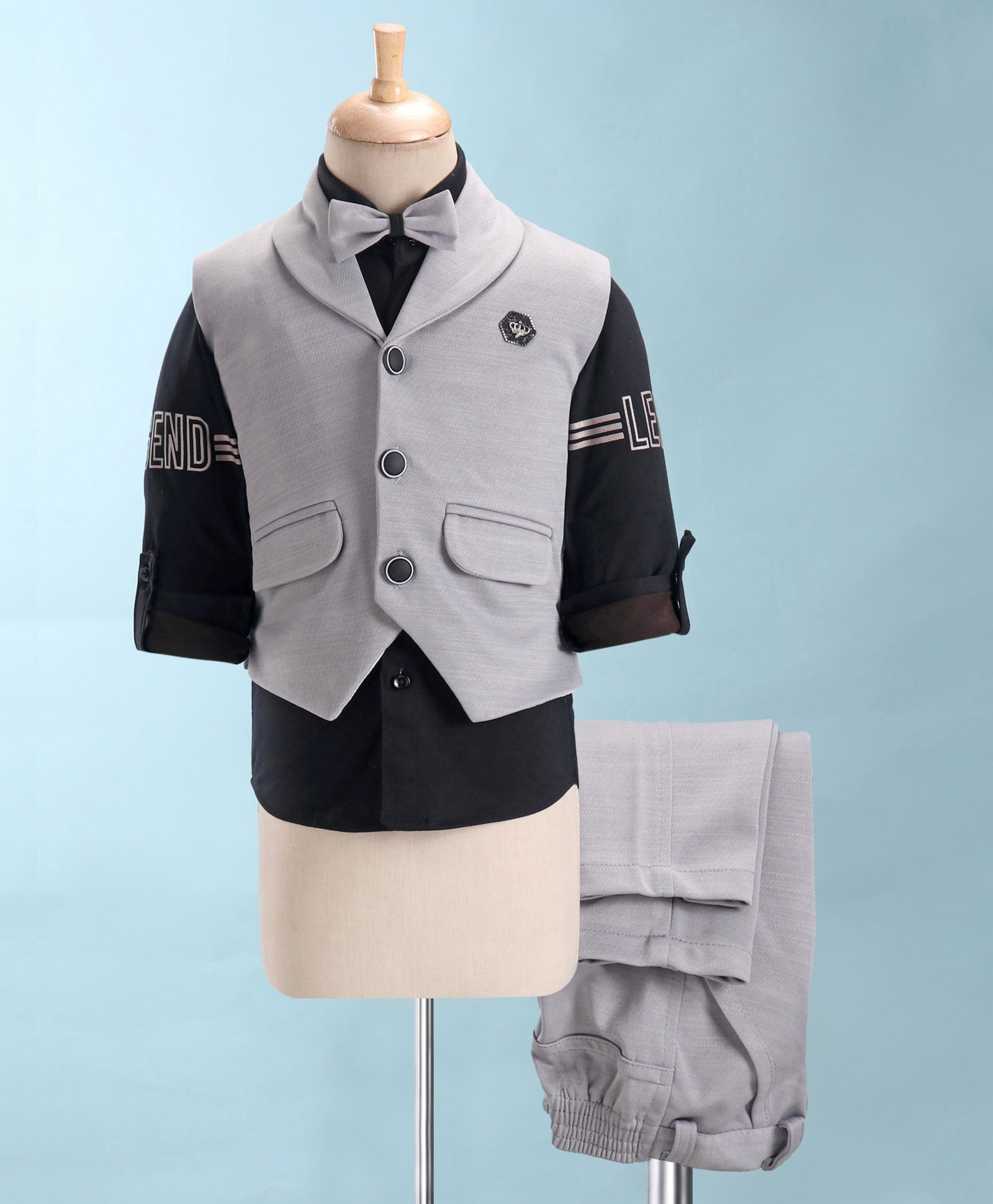Dapper Dudes Woven Full Sleeves 3 Piece Solid Colour Party Suit with Bow - Grey-picture-24
