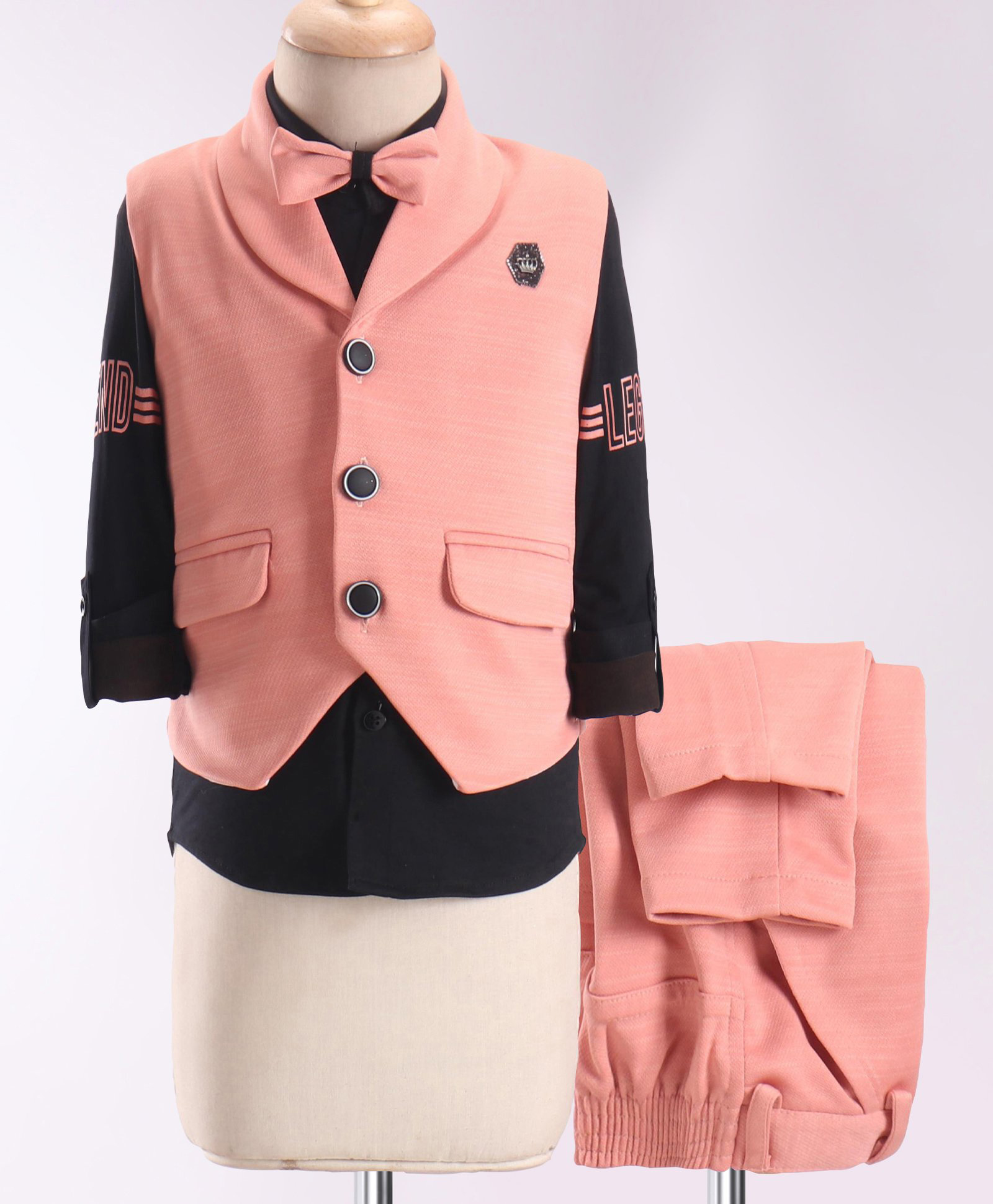 Dapper Dudes Woven Full Sleeves 3 Piece Solid Colour Party Suit with Bow - Peach-image-39