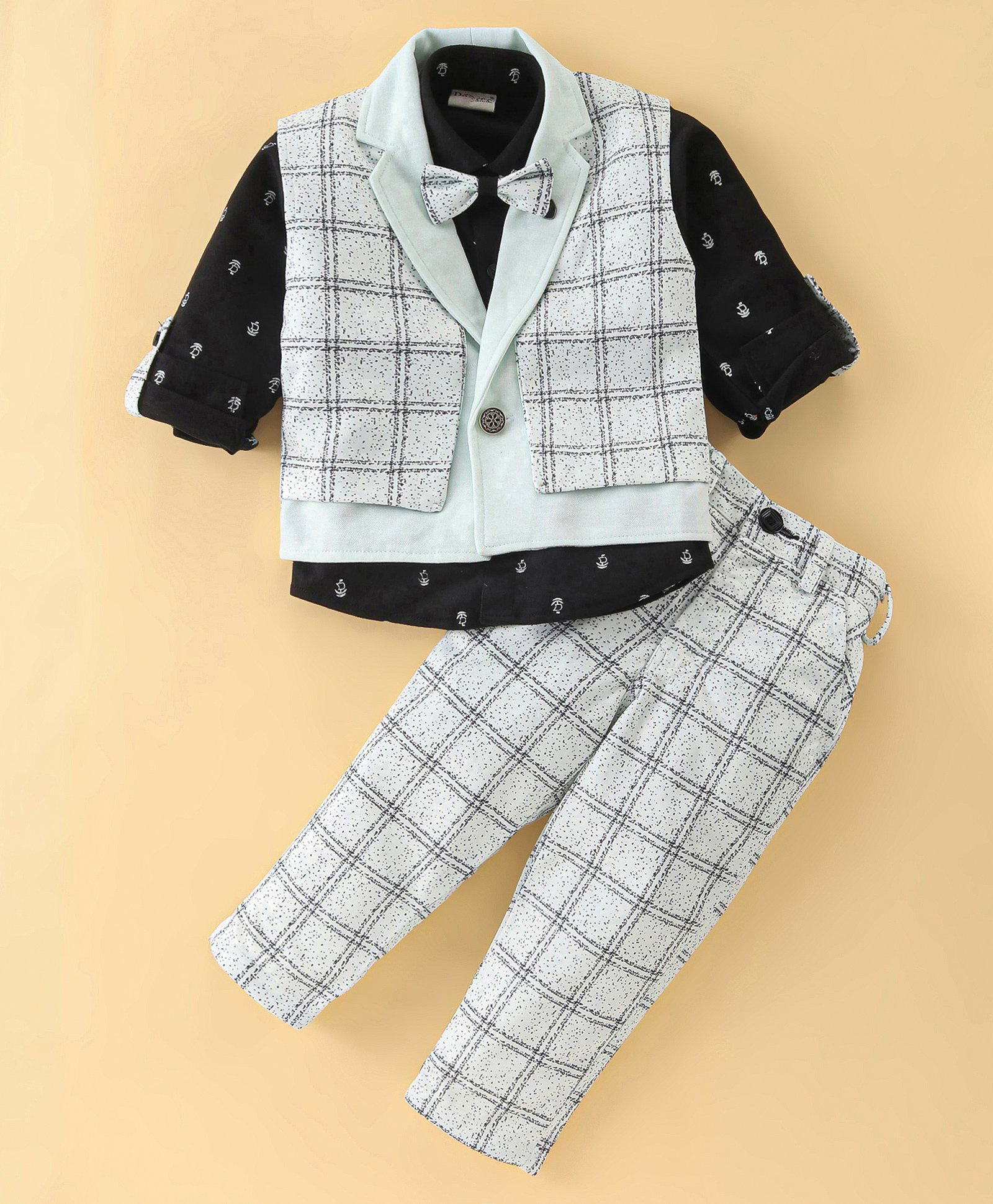 Dapper Dudes Full Sleeves 3 Piece Party Suit with Checks & Nautical Print - Light Green-image-25