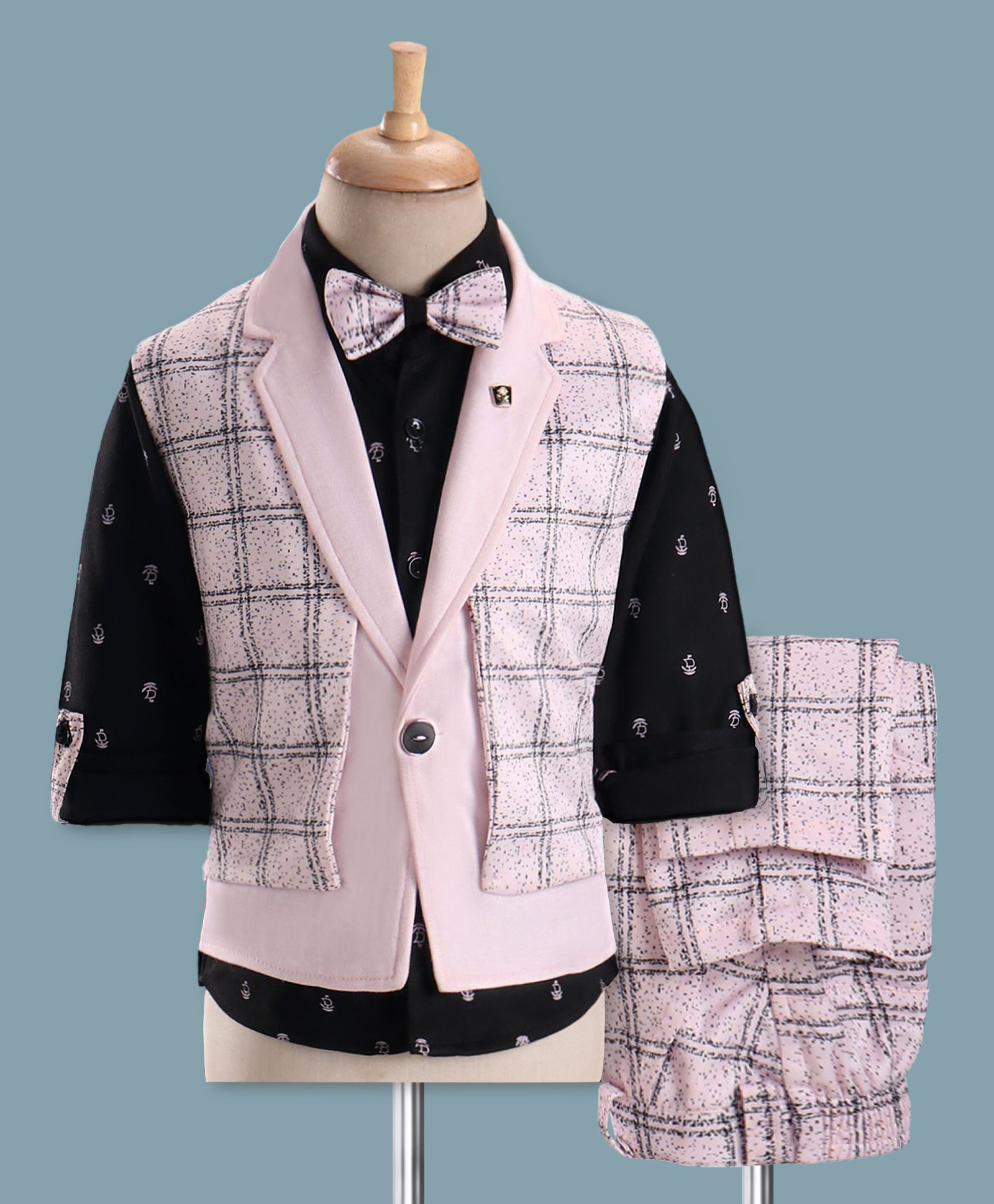 Dapper Dudes Full Sleeves 3 Piece Party Suit with Checks & Nautical Print - Peach-image-48