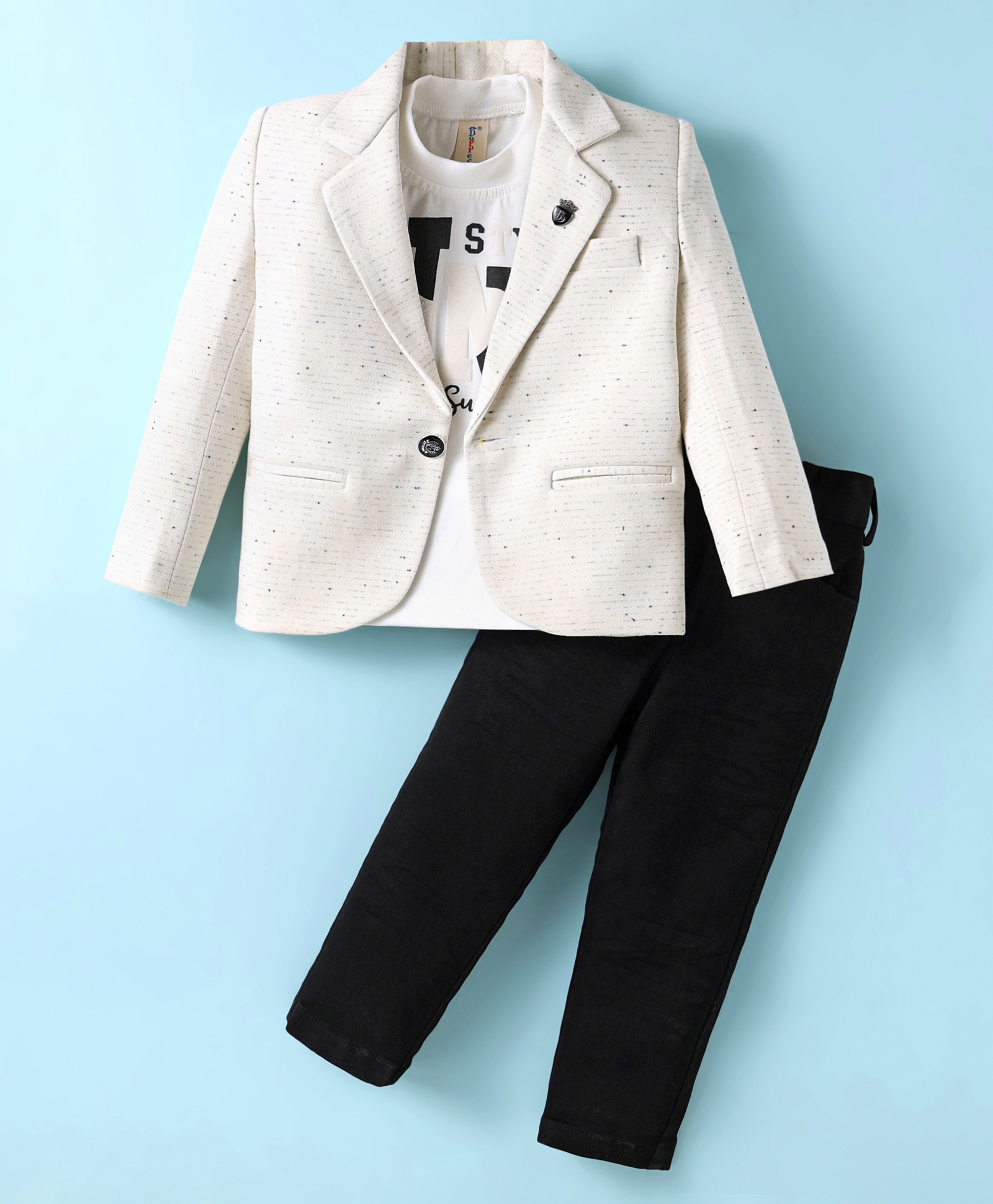 Dapper Dudes Woven Full Sleeves Text Printed T-Shirt & Pant Set With Striped Blazer - Cream-image-9