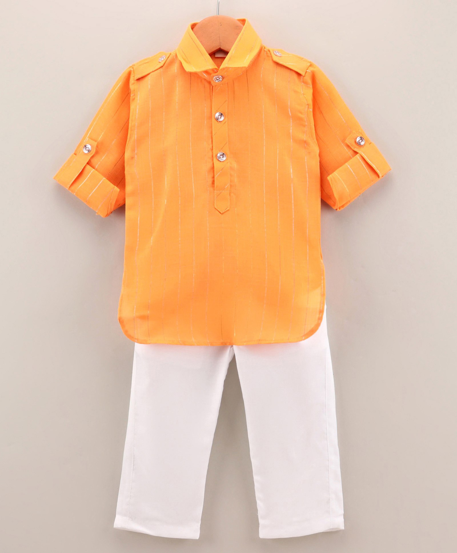 Dapper Dudes Woven Full Sleeves Striped Solid Colour Collar Neck Kurta Pajama Set - Orange-image-32