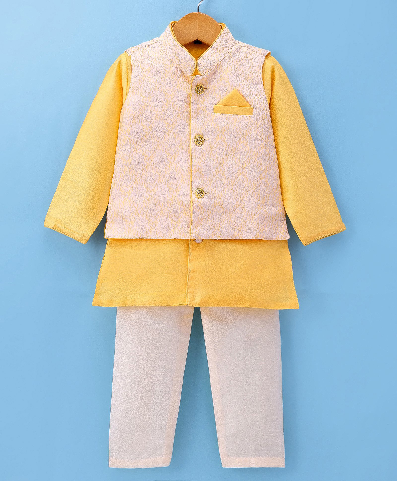 Dapper Dudes Woven Full Sleeves Solid Colour Kurta Pajama Set with Printed Nehru Jacket - Yellow-image-20