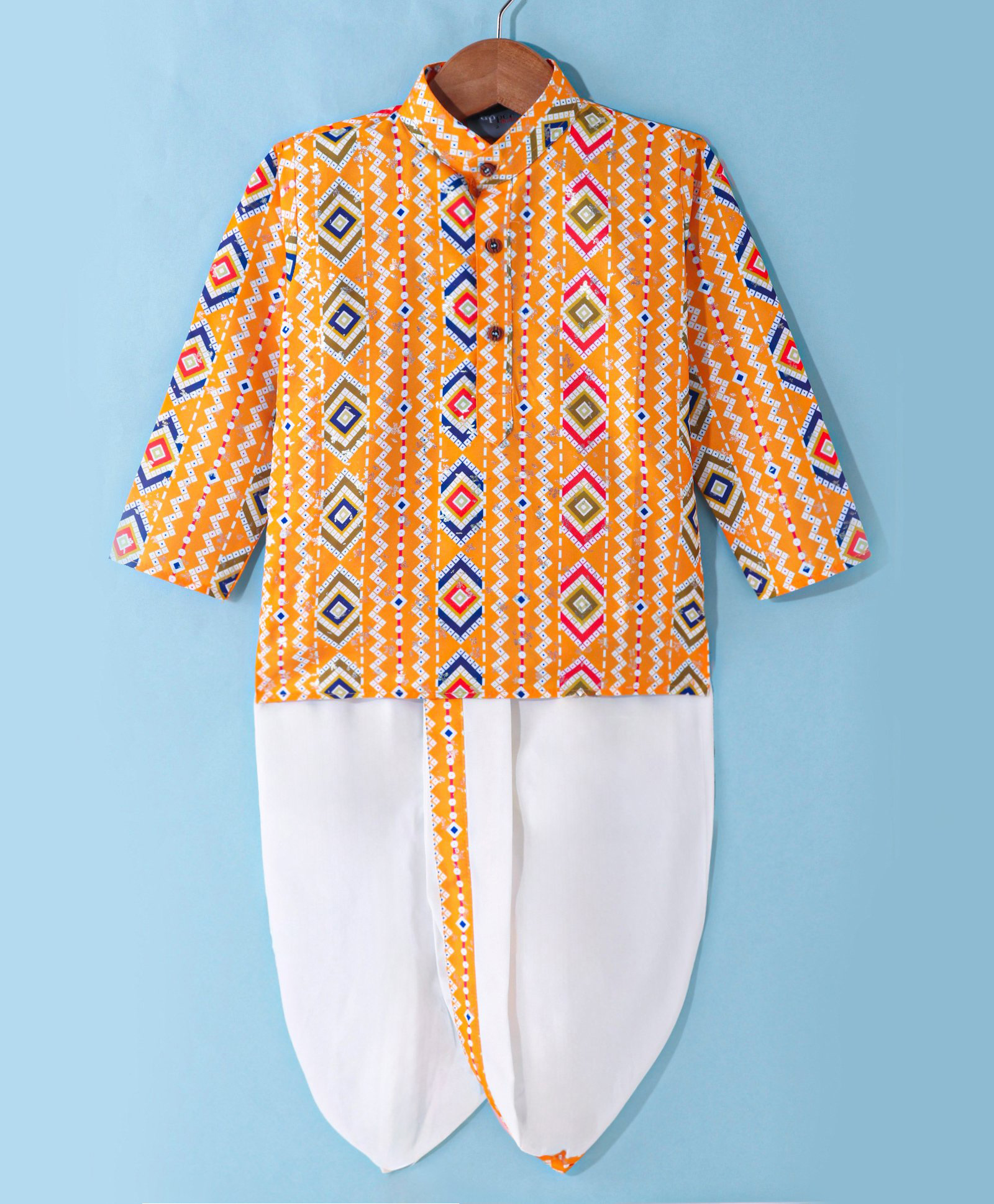 Dapper Dudes Woven Full Sleeves Striped & Bandhani Printed Kurta & Dhoti Set - Orange-image-26