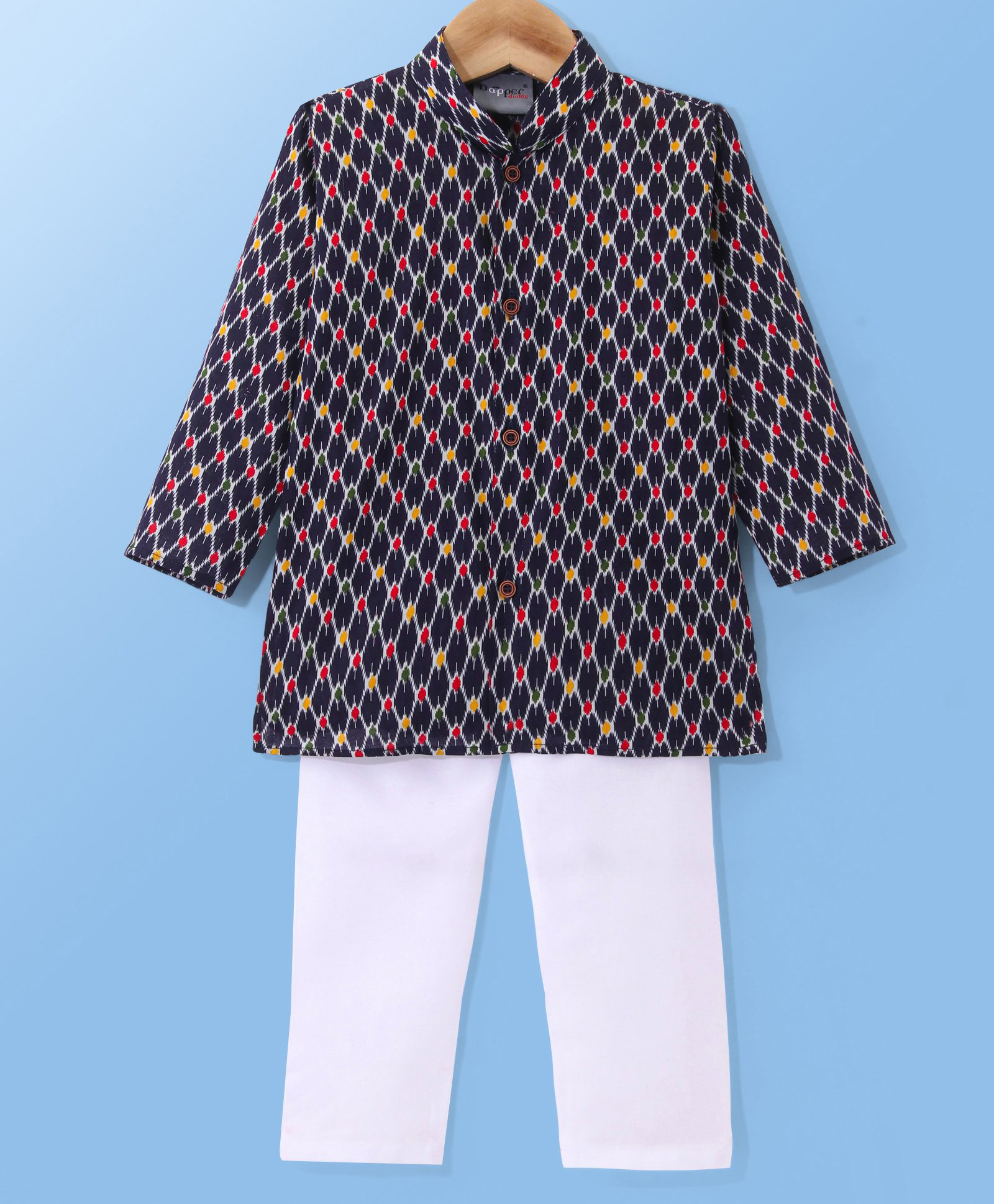 Dapper Dudes Woven Full Sleeves Checked & Polka Dots Printed Kurta & Pyjama Set - Navy Blue-image-9