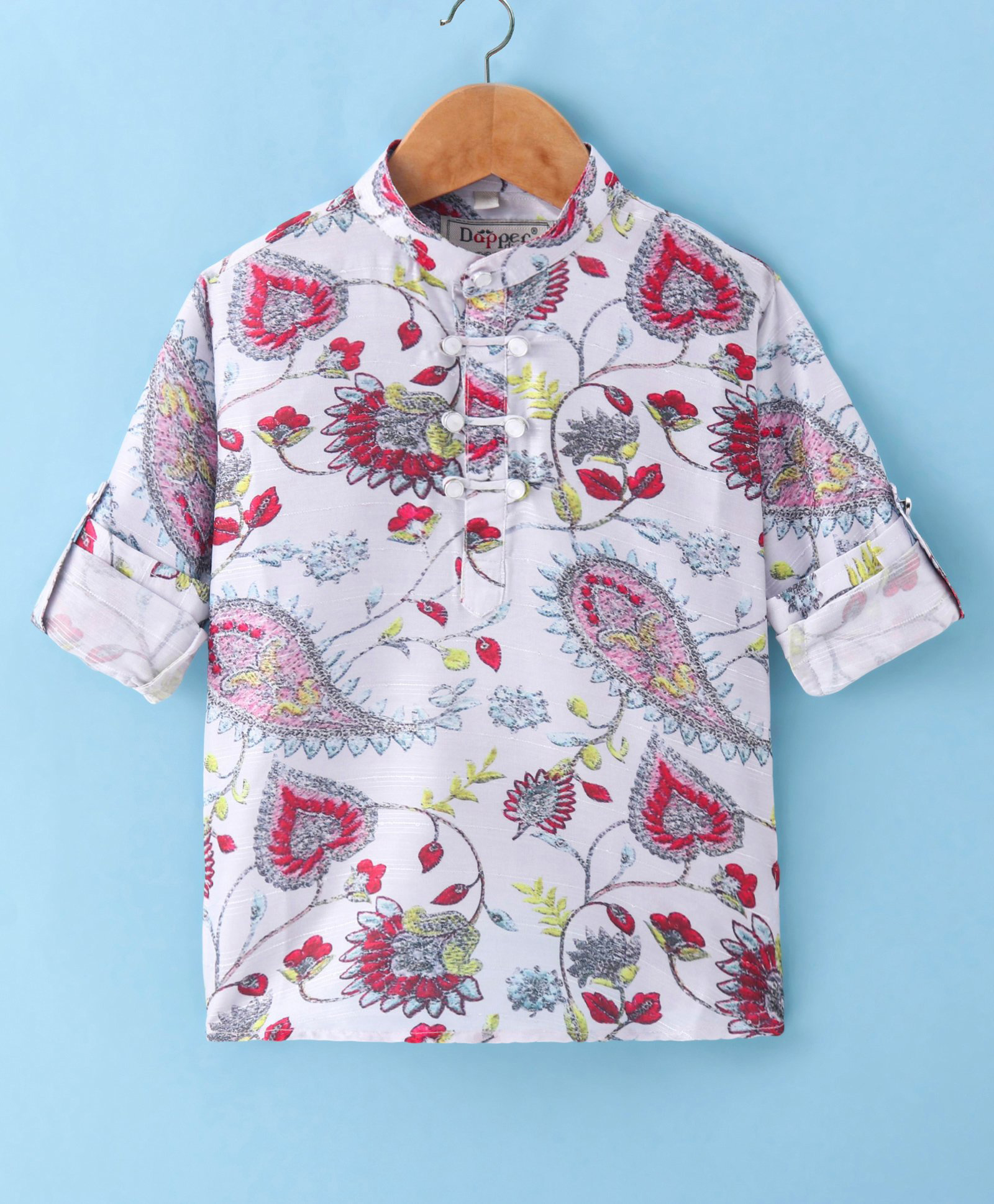 Dapper Dudes Woven Full Sleeves Floral Printed Mandarin Collar Kurta Style Shirt - Cream-image-3