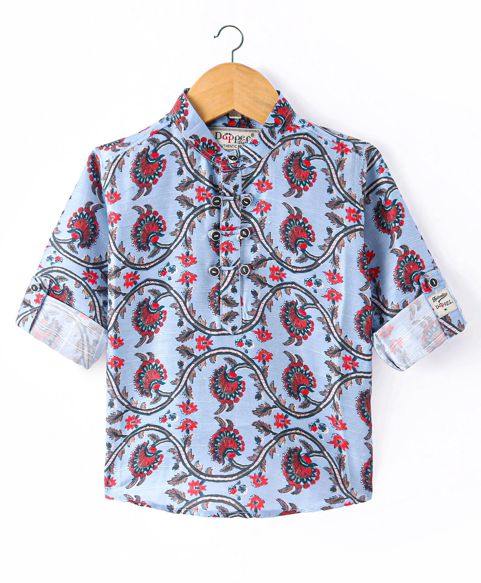 Dapper Dudes Woven Full Sleeves Printed Mandarin Collar Kurta Style Shirt - Grey-image-9