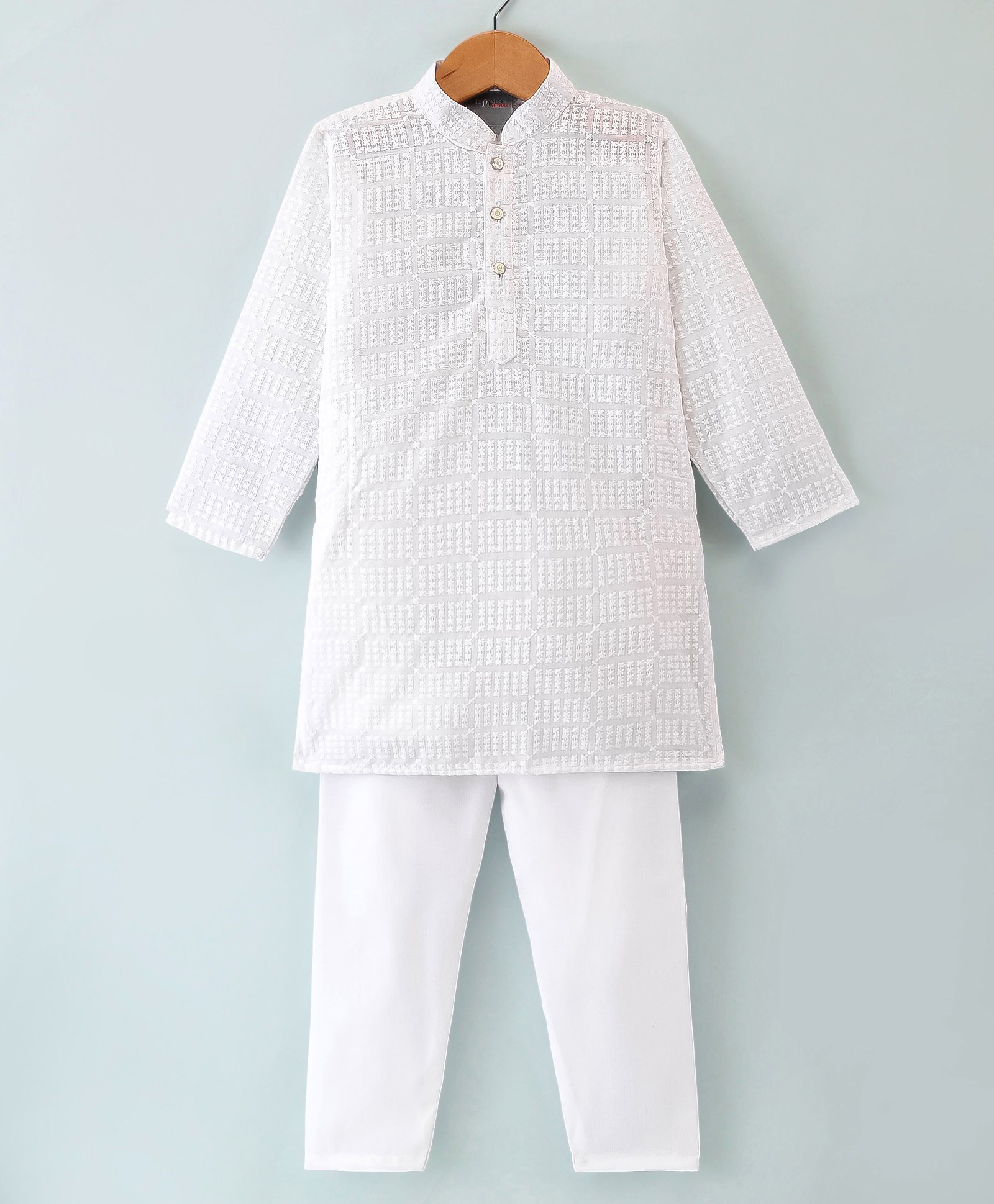 Dapper Dudes Woven Full Sleeves Embroidered Kurta & Pyjama Set - White-picture-10