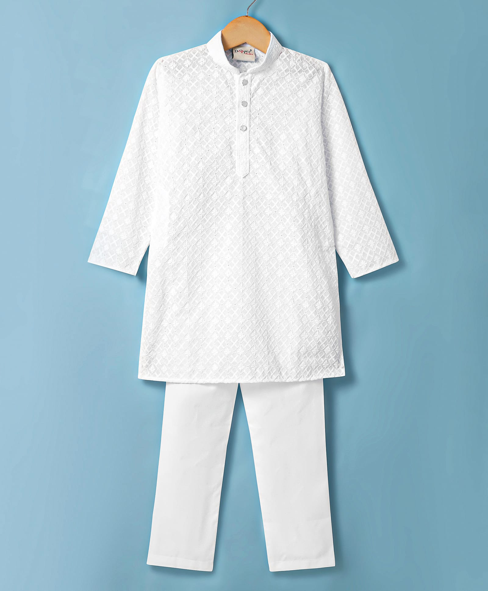 Dapper Dudes Woven Full Sleeves Floral Embroidered Solid Colour Kurta Pajama Set - White-image-30