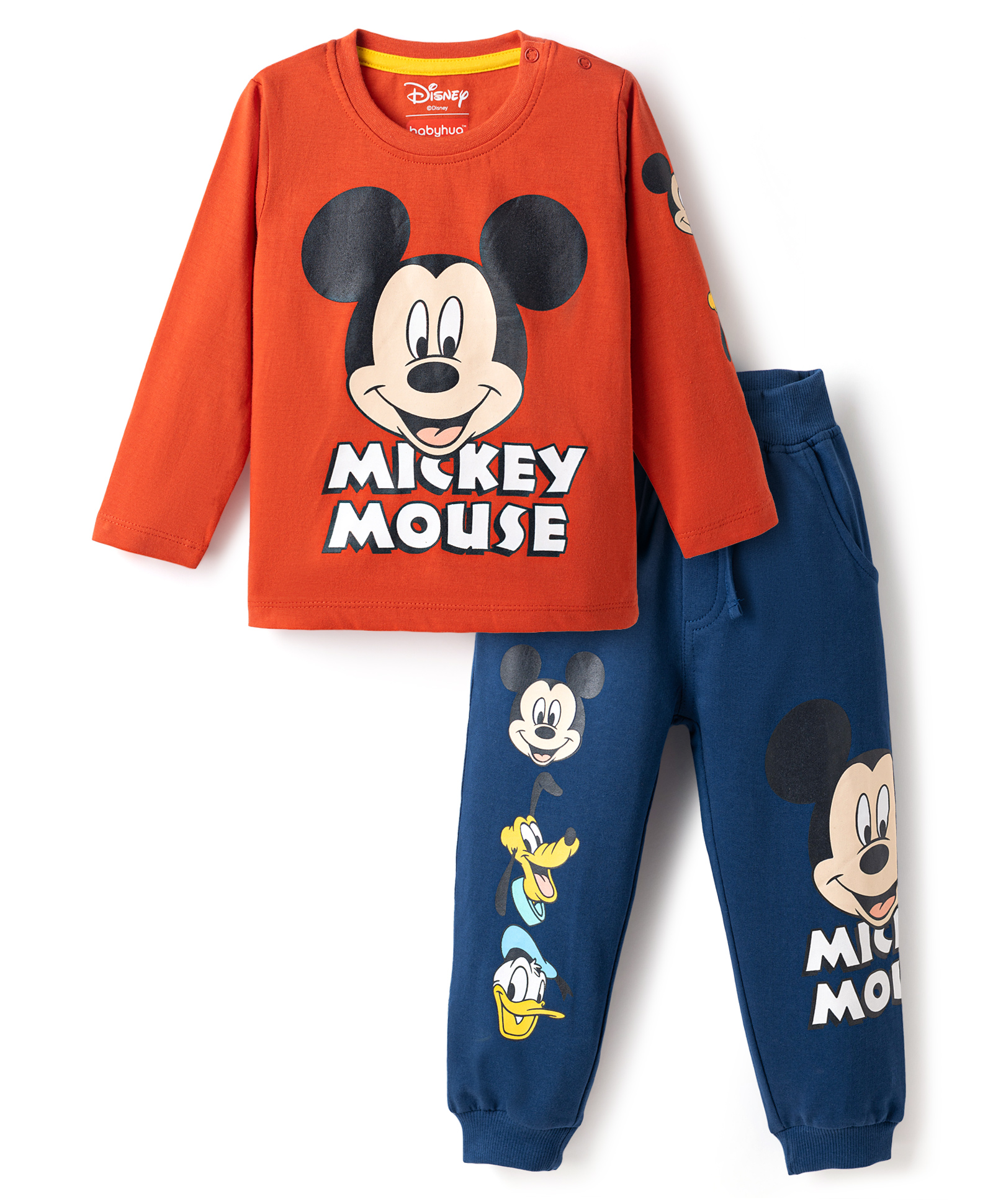 Babyhug Disney 100% Cotton Knit Full Sleeves T-Shirt & Joggers Set With Mickey Mouse Graphics - Red & Navy Blue-image-35