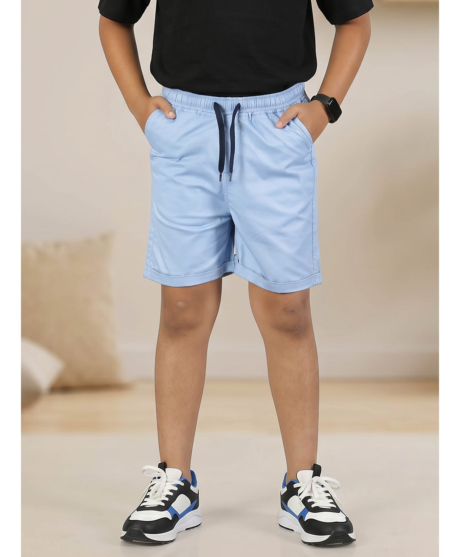 Kiddopanti Cotton Woven Solid Shorts - Light Blue-picture-25
