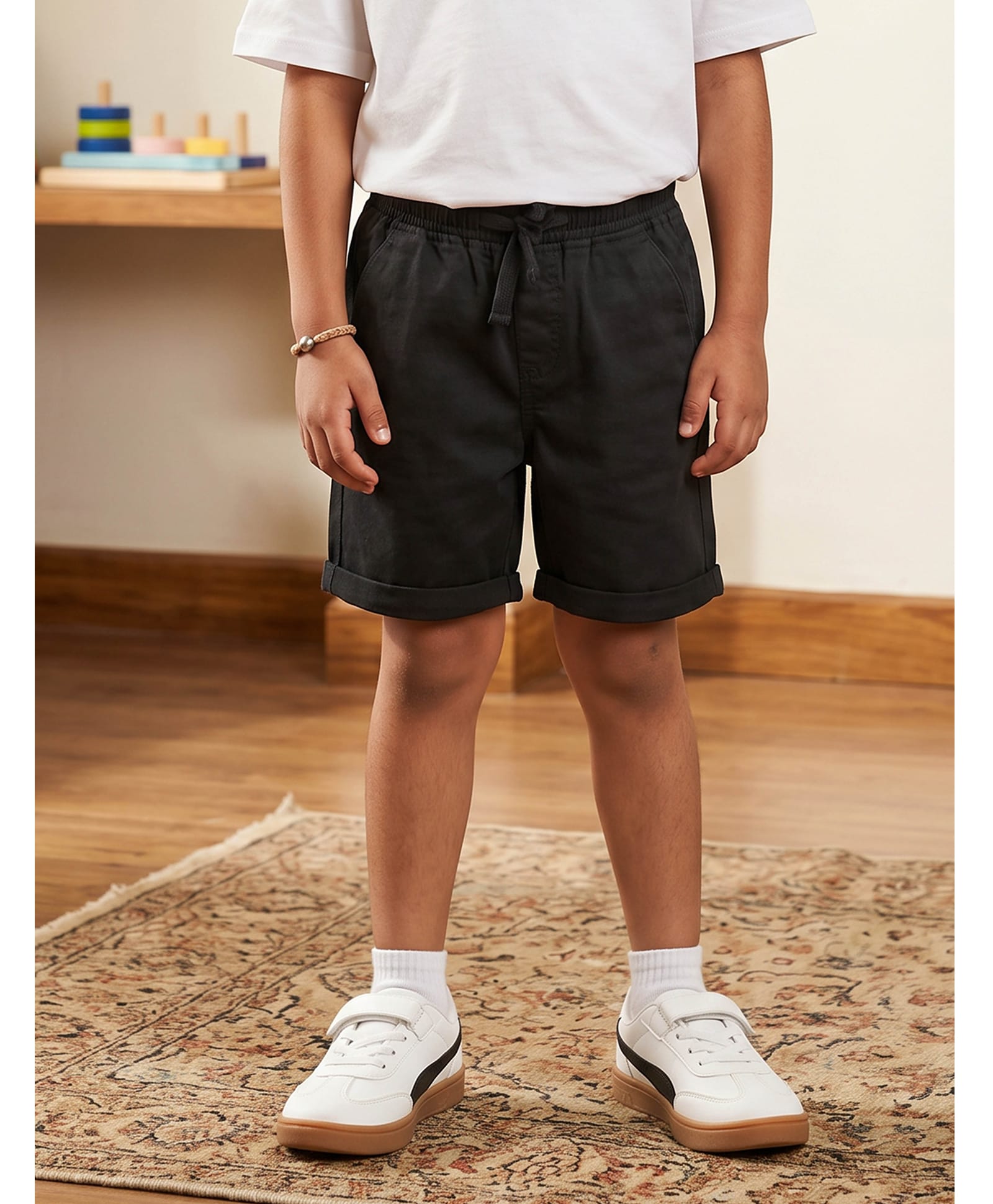 Kiddopanti Cotton Woven Solid Shorts - Black-picture-13