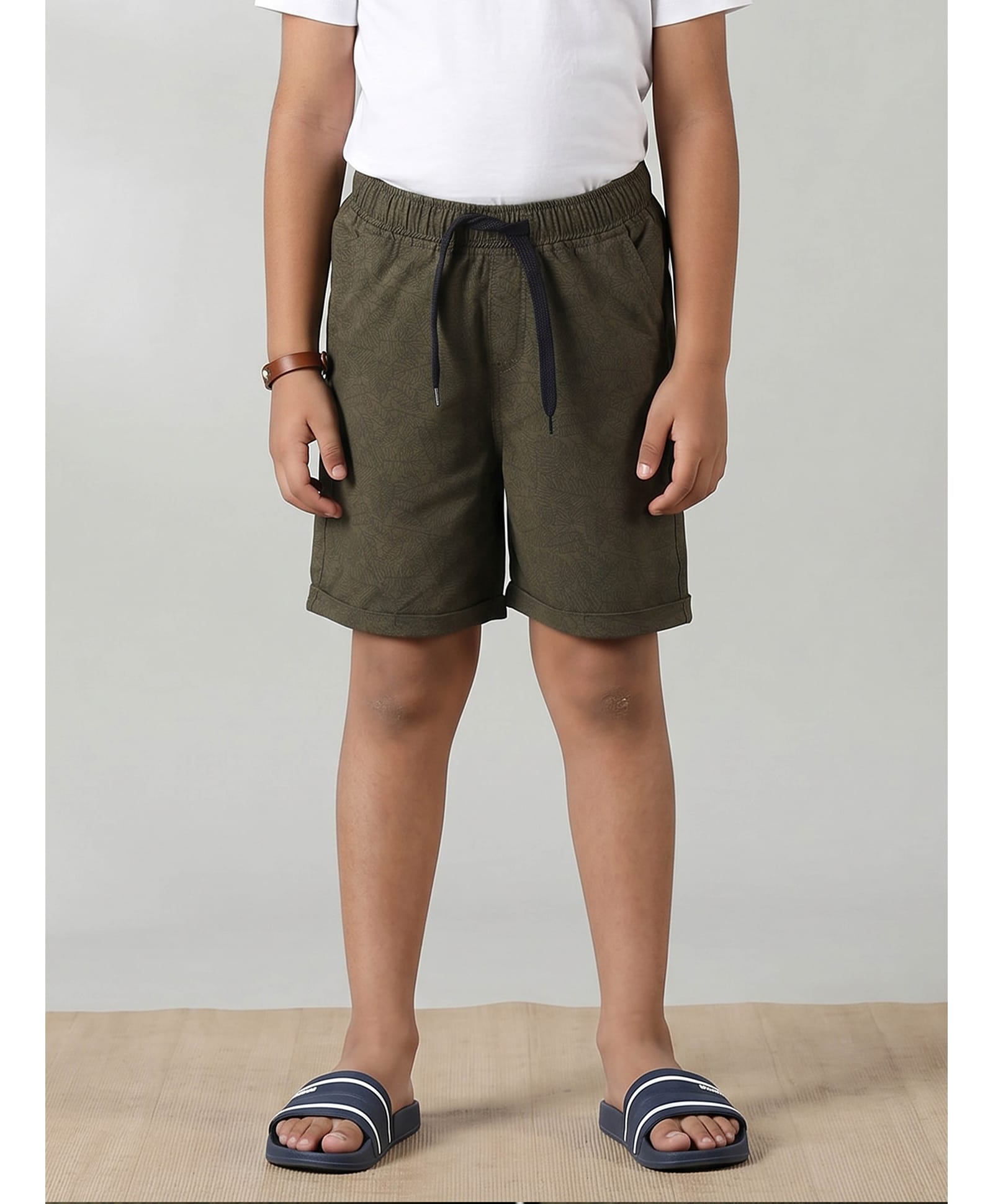 Kiddopanti Cotton Woven Leaves Printed Shorts - Military Green-picture-10