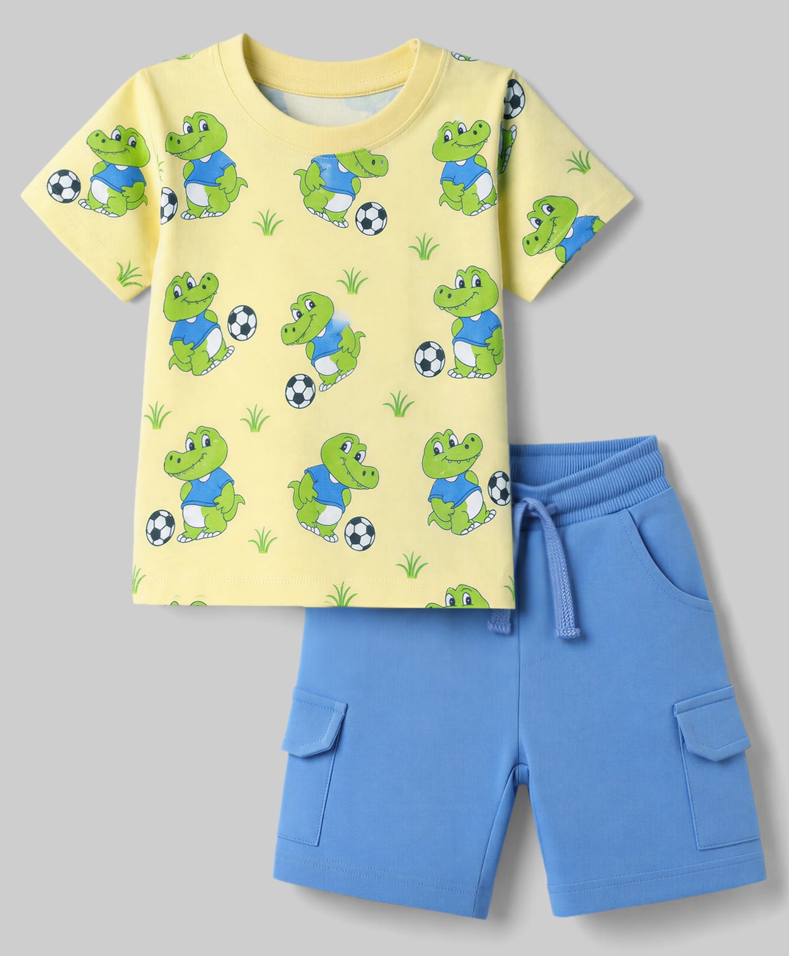 Babyhug Single Jersey Knit Crocodile Printed T-Shirt & Shorts Set - Yellow-image-21
