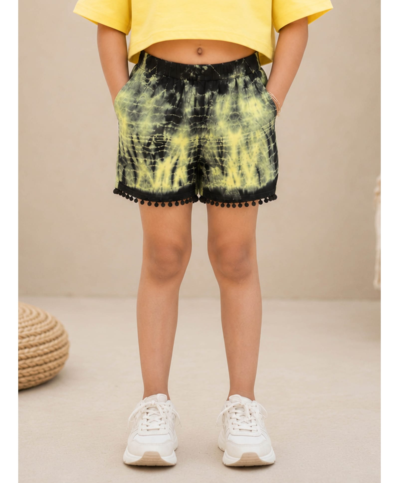 Kiddopanti Rayon Woven Pom Pom Applique Detailed Tie & Dye Shorts - Yellow & Black-picture-11