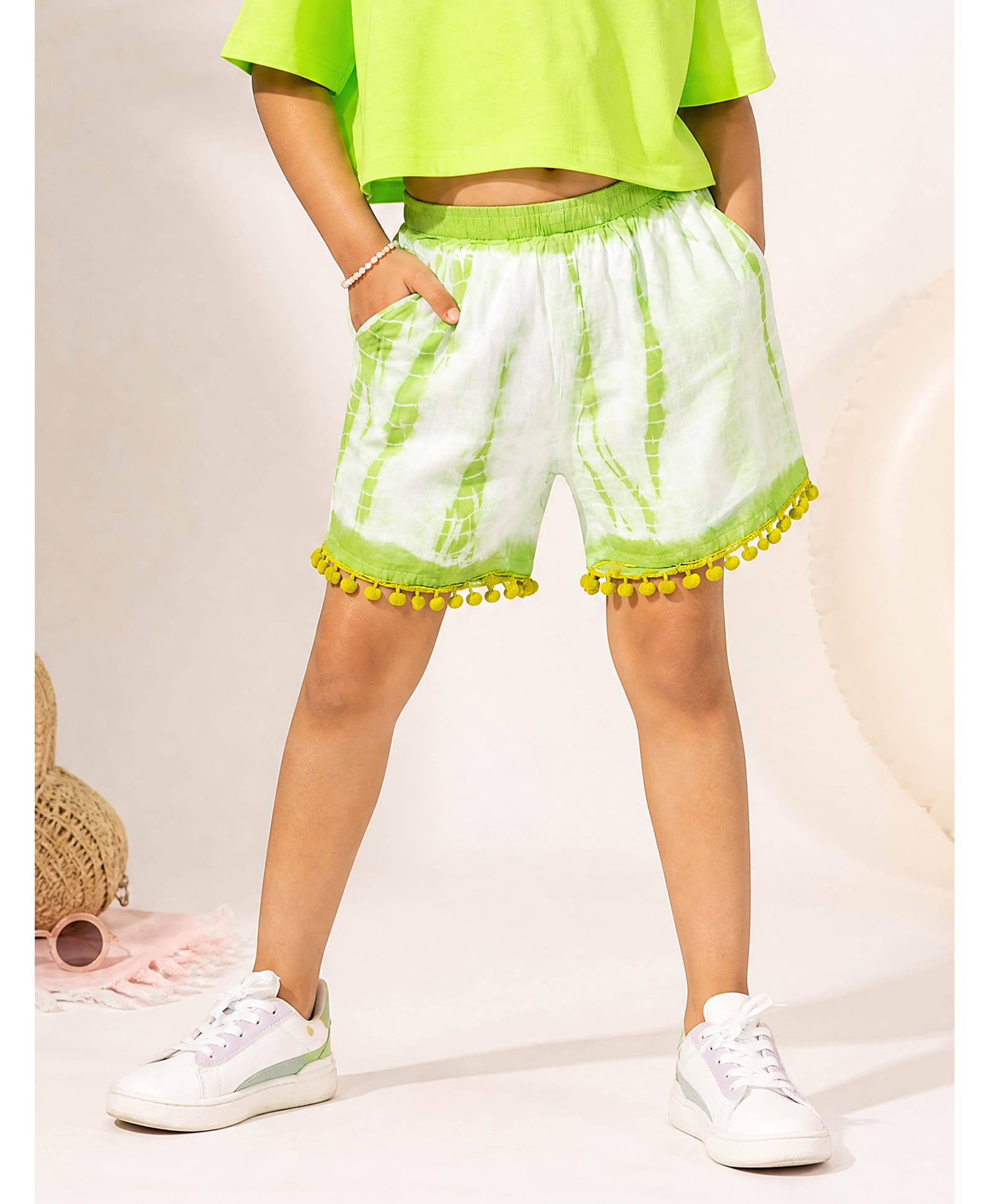Kiddopanti Rayon Woven Pom Pom Applique Detailed Tie & Dye Shorts - Green & Light Green-image-48