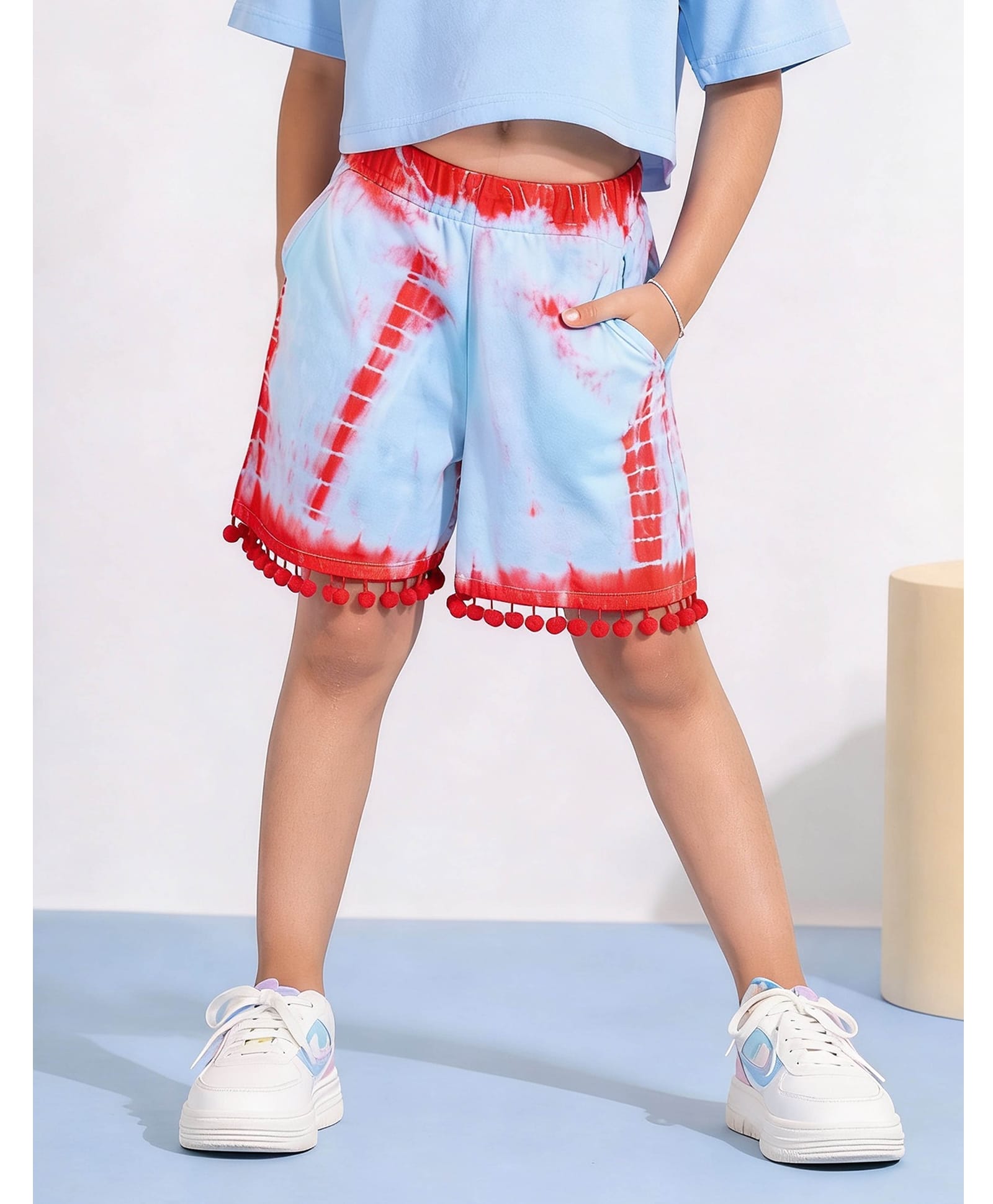 Kiddopanti Rayon Woven Pom Pom Applique Detailed Tie & Dye Shorts - Coral & Blue-picture-25