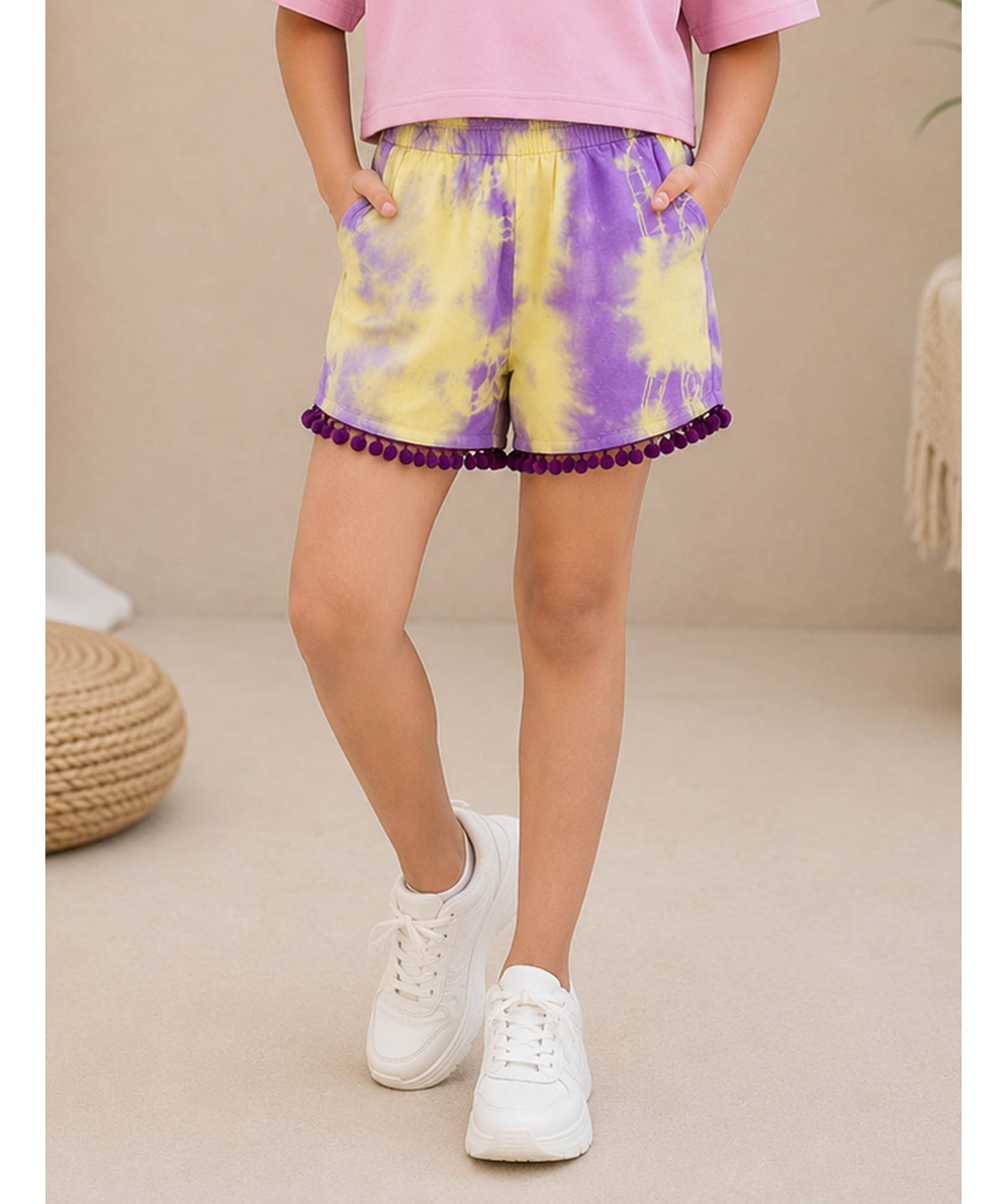 Kiddopanti Rayon Woven Pom Pom Applique Detailed Tie & Dye Shorts - Yellow & Lilac-picture-11