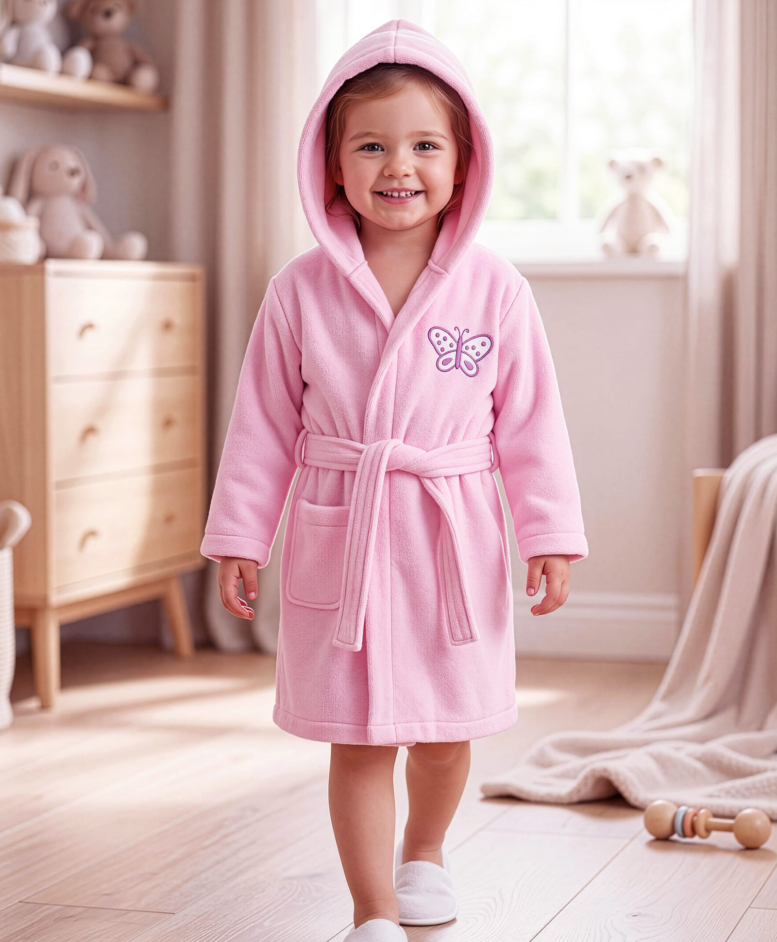 Babyhug Knit Terry Velour Full Sleeves Bath Robe With Butterfly Embroidery - Pink-image-18