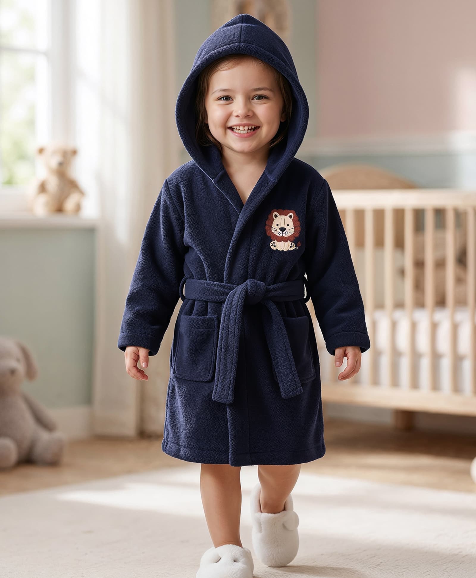 Babyhug Knit Terry Velour Full Sleeves Bath Robe With Tiger Embroidery - Navy Blue-image-23