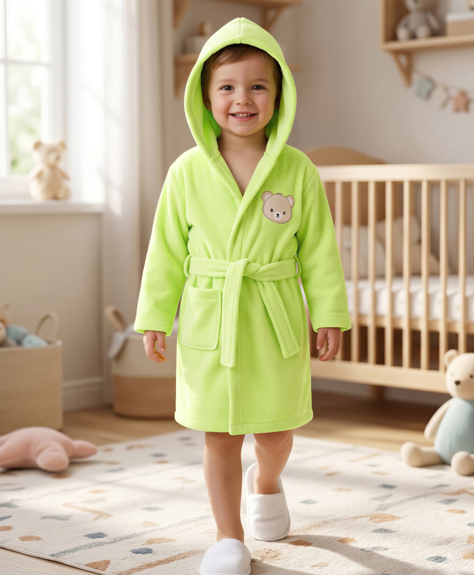Babyhug Microfiber Knit Full Sleeves Hooded Bath Robe with Bear Face Patch- Lime Green-image-24