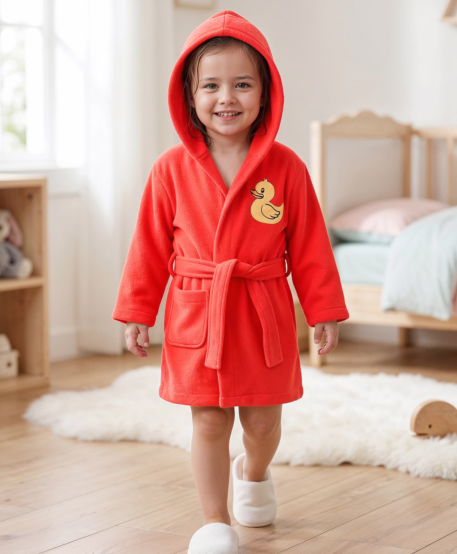 Babyhug Velour Knit Full Sleeves Hooded Bath Robe with Duck Patch -Red-picture-20