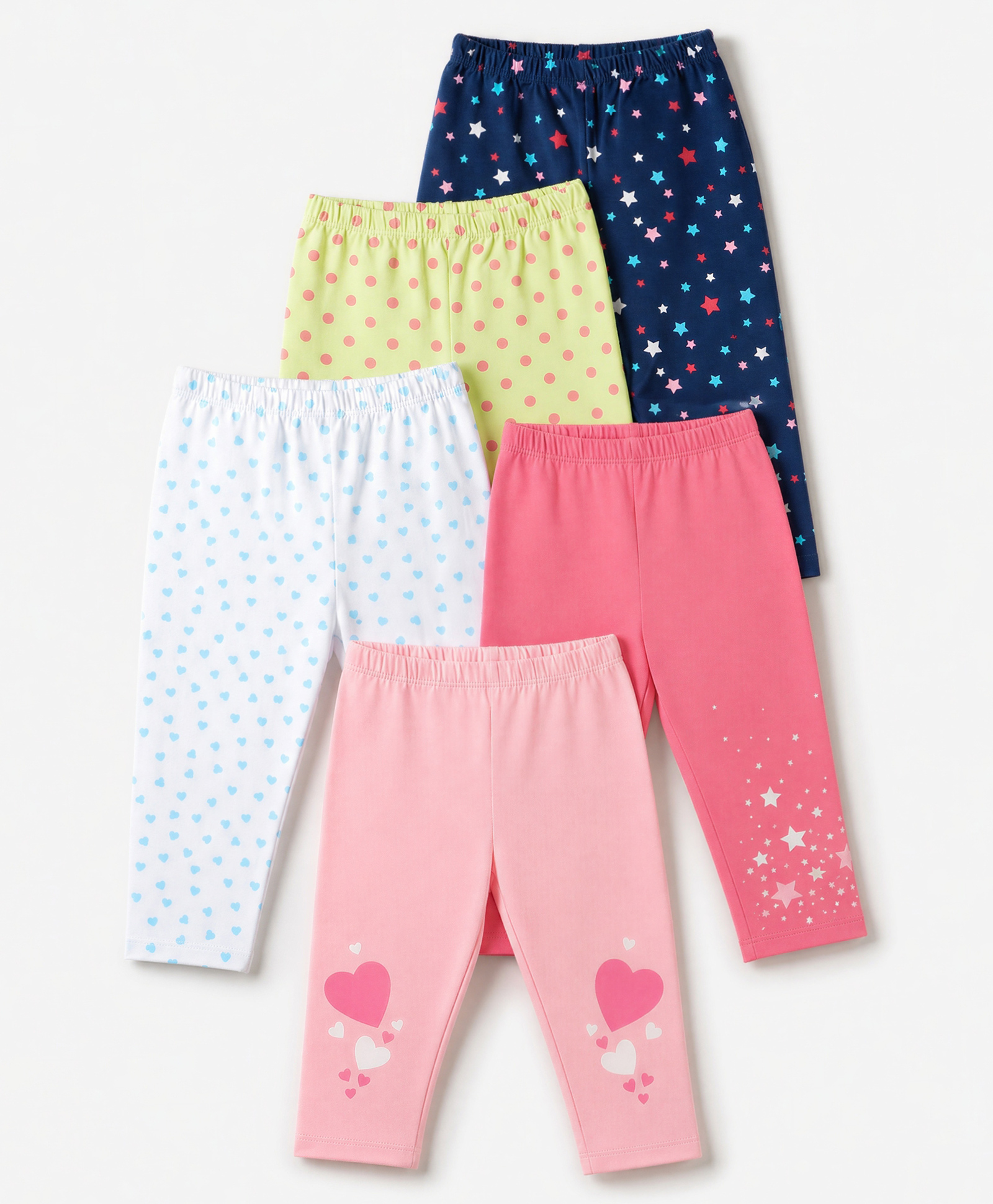 Babyhug Cotton Lycra Knit Full Length Leggings With Polka Dots, Star & Hearts Print Pack of 5 - Pink, Yellow & Blue-image-25
