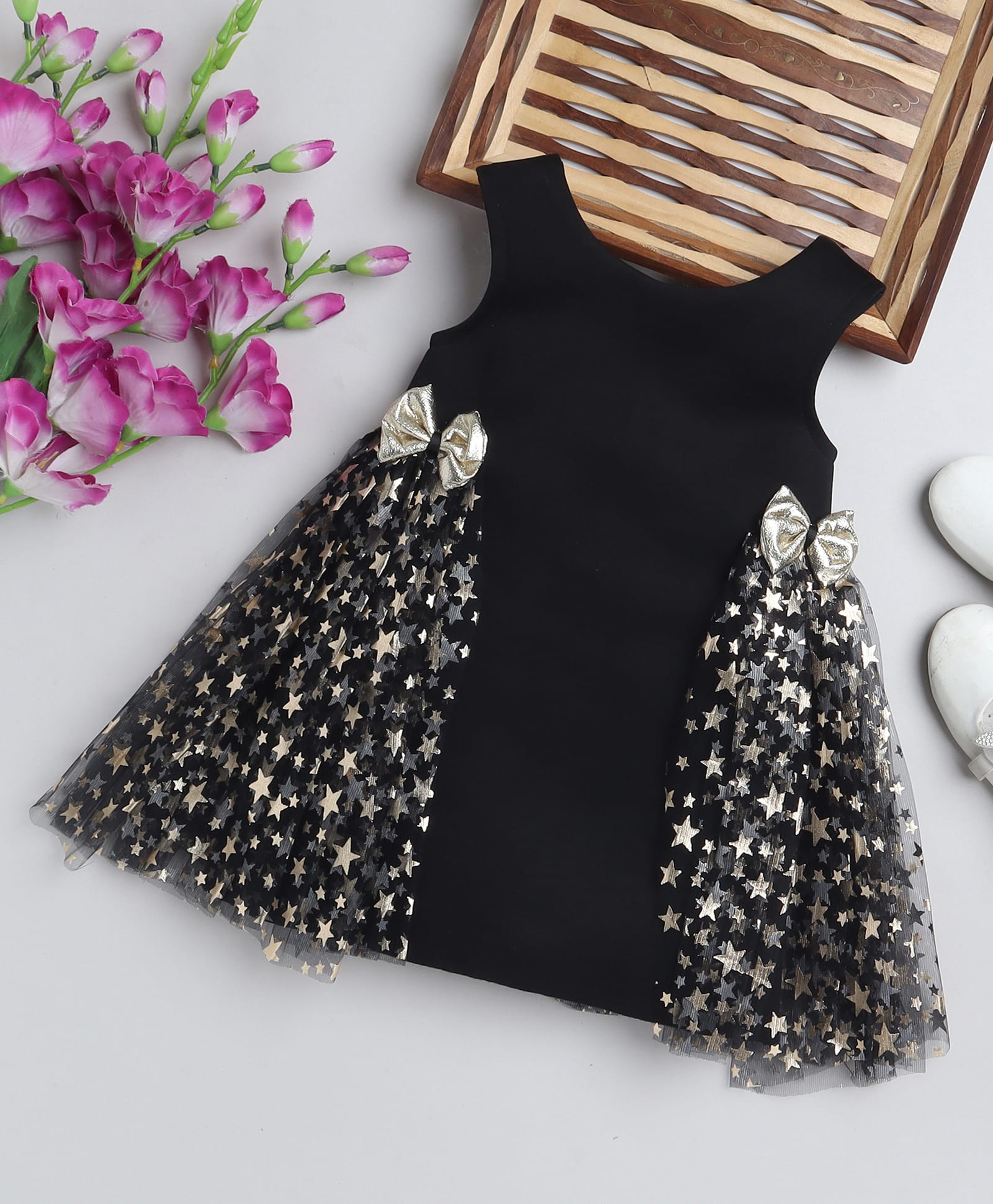NAVKIYA G Neoprene Woven Sleeveless Stars Foil Printed Cut & Sew Detailed Dress - Black-image-45