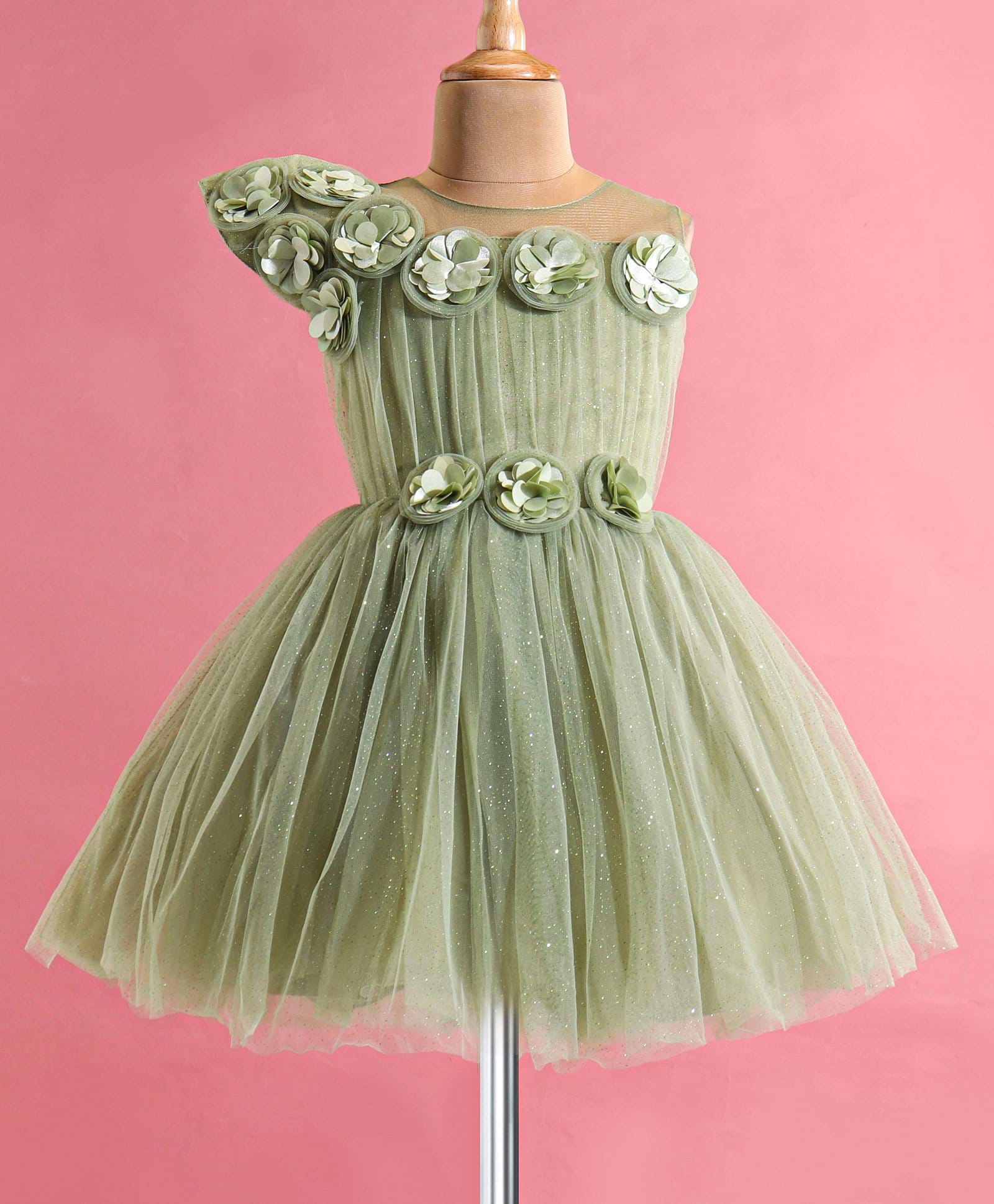 Enfance Net Woven Sleeveless Party Dress With Floral Applique - Light Green-picture-5