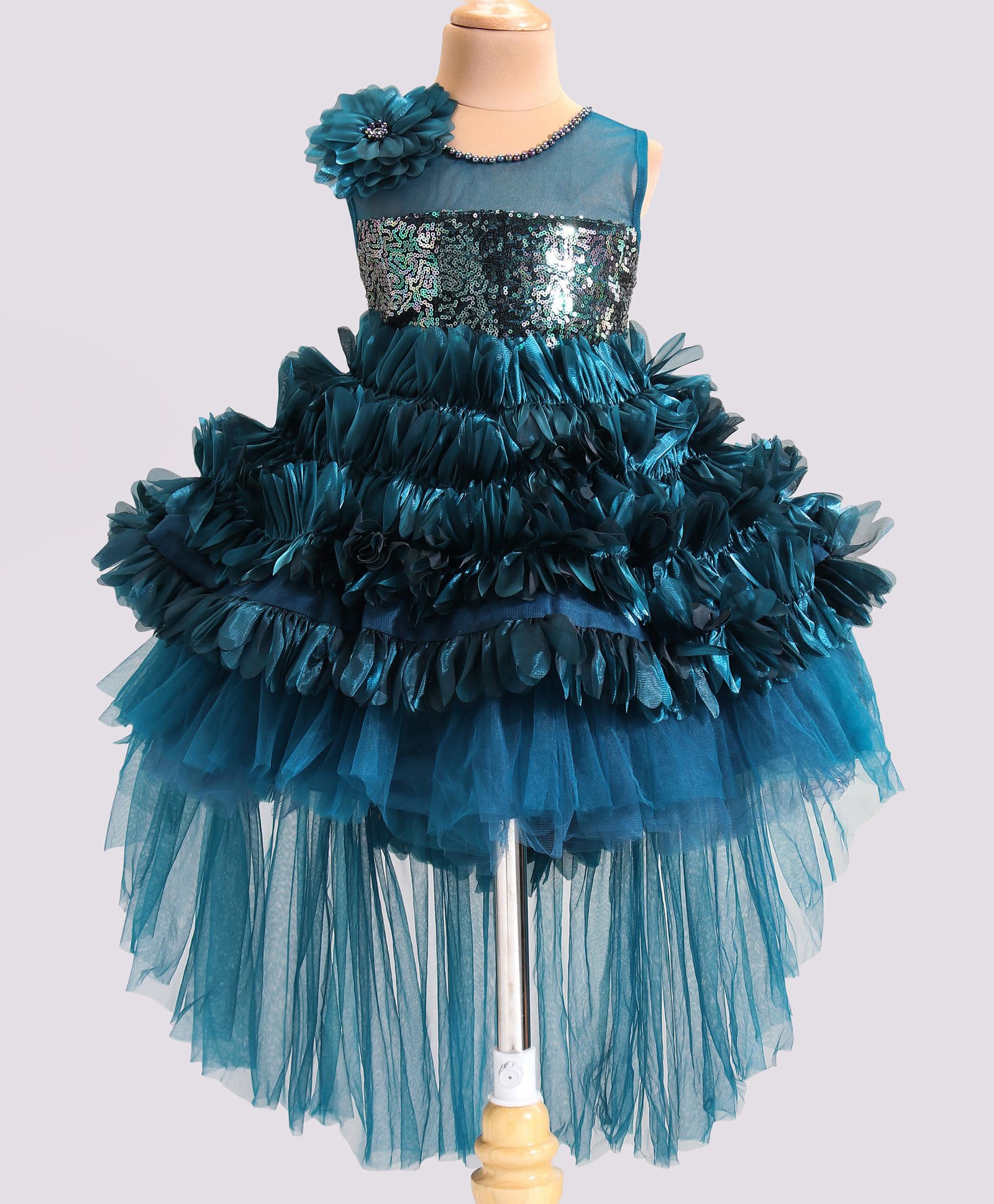 Enfance Net Knit Sleeveless Sequinned & Ruffle Detailed Tailback Dress- Blue-picture-31