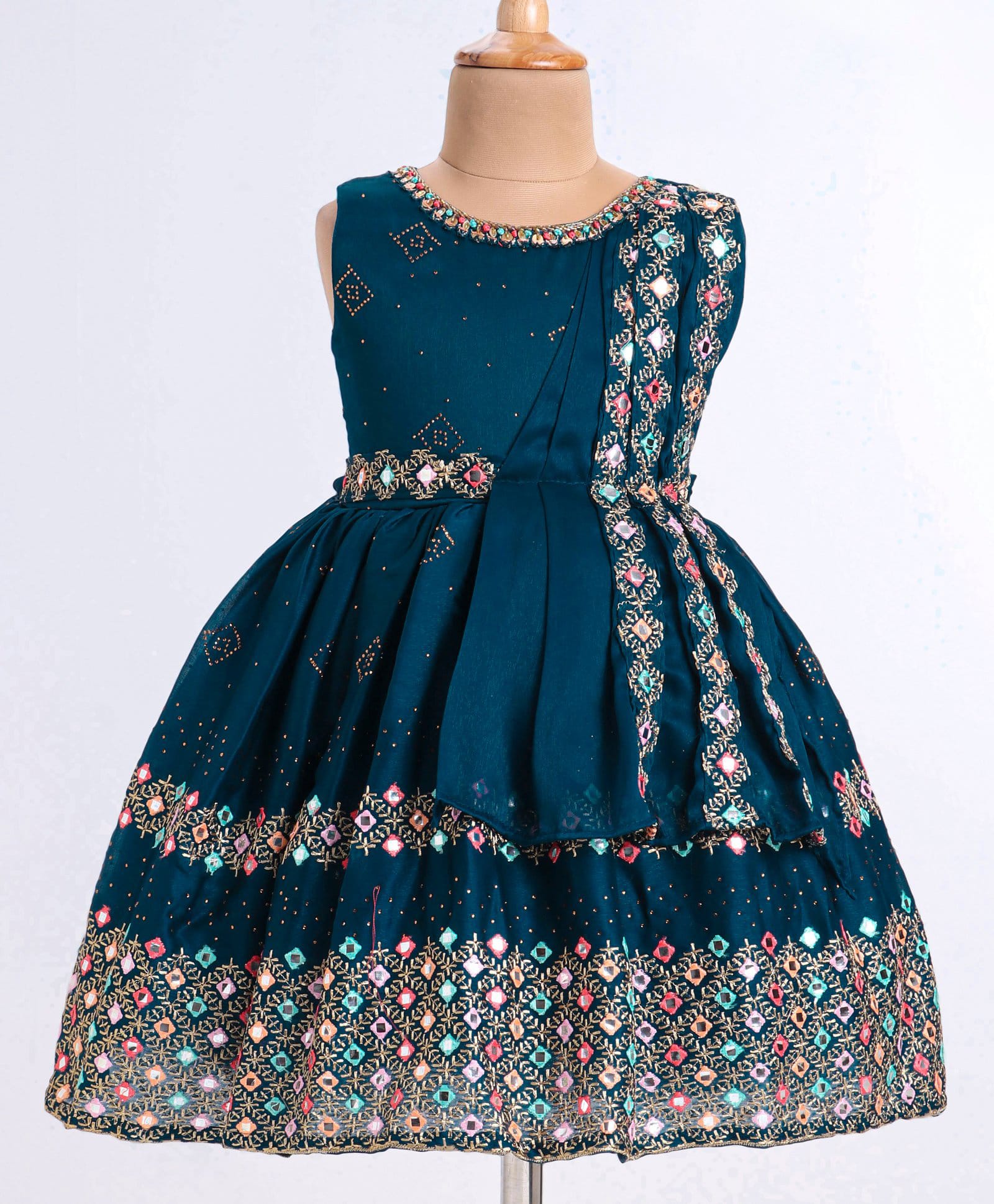 Enfance Cotton Silk Woven Sleeveless Ethnic Embroidered Pleate & Belt Pattern Dress-Teal Blue-picture-40
