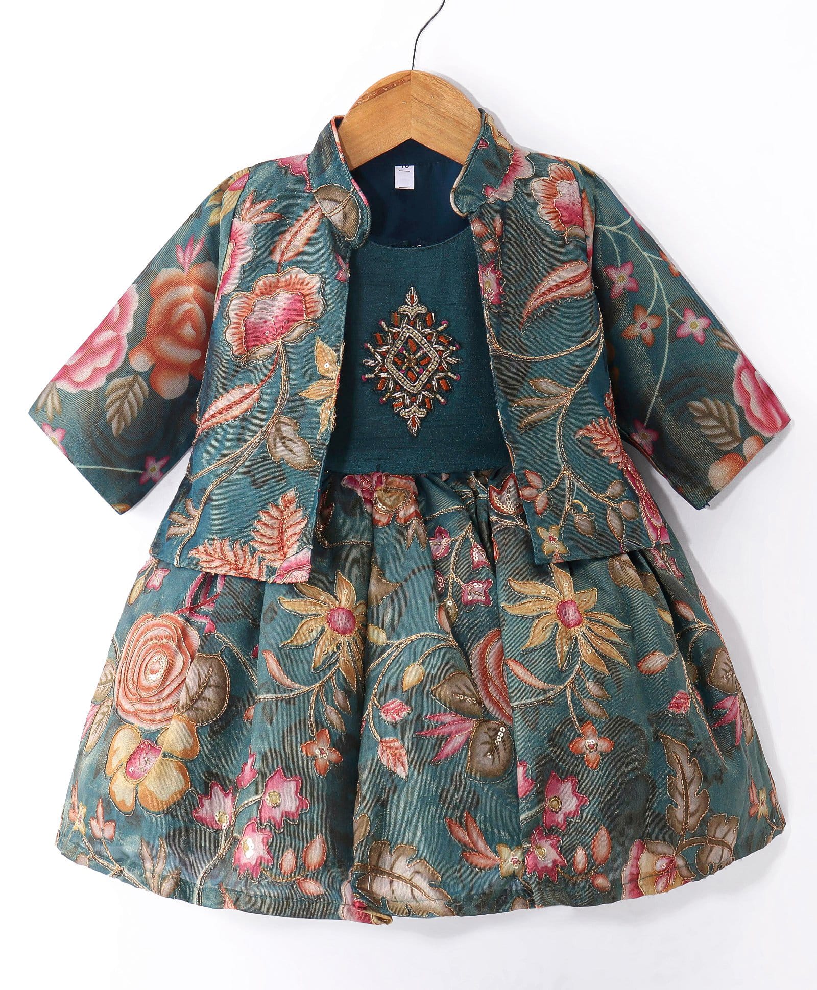 Enfance Cotton Silk Woven Full Sleeves Sequin Detailed & Printed Dress With Shrug - Green-image-32