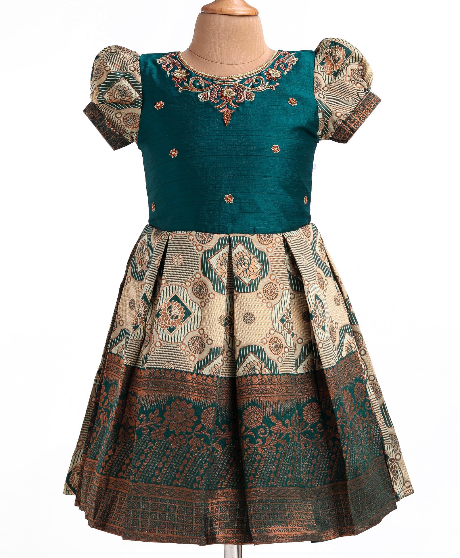 Enfance Cotton Silk Woven Half Sleeves Floral Embroidered Pleated Banarasi Printed Pattu Pavdai - Tan & Green-picture-28