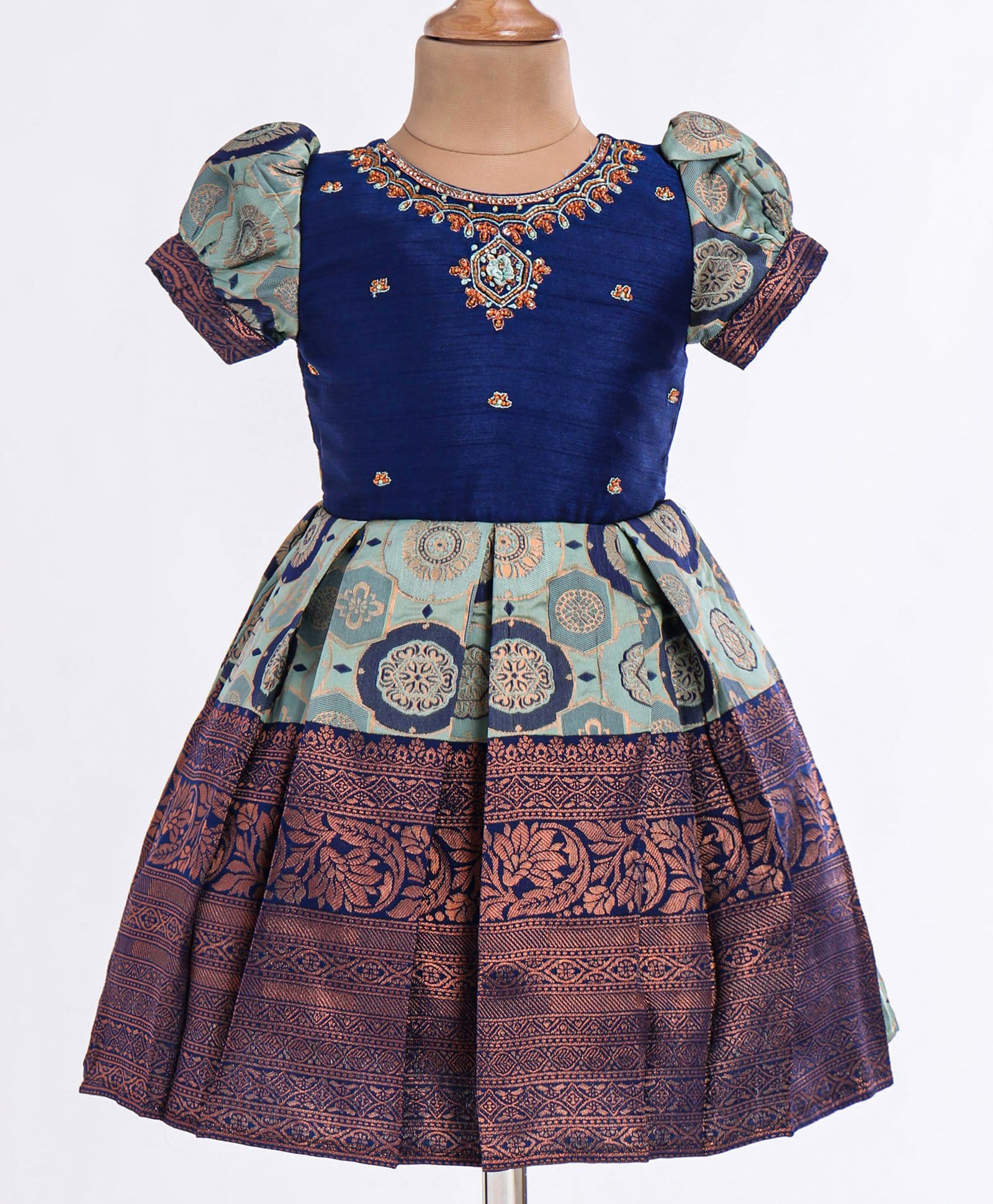 Enfance Cotton Silk Woven Half Puff Sleeves Banarasi Foil Print Pleated Pattu Pavdai Dress - Navy Blue-picture-2