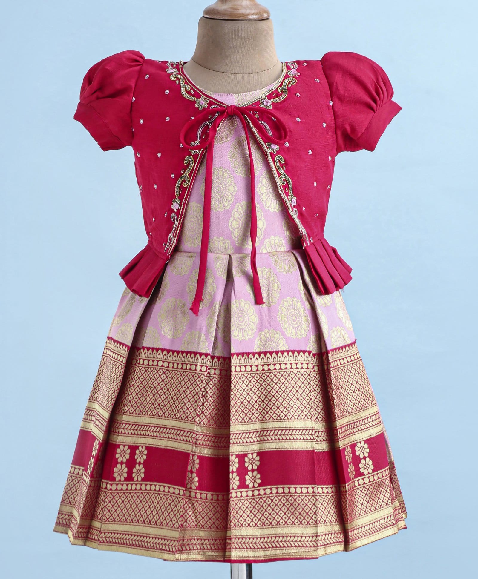 Enfance Cotton Silk Knit Banarasi Print Pattu Pavadai Dress with Half Puffed Sleeves Embellished Shrug - Pink-image-21