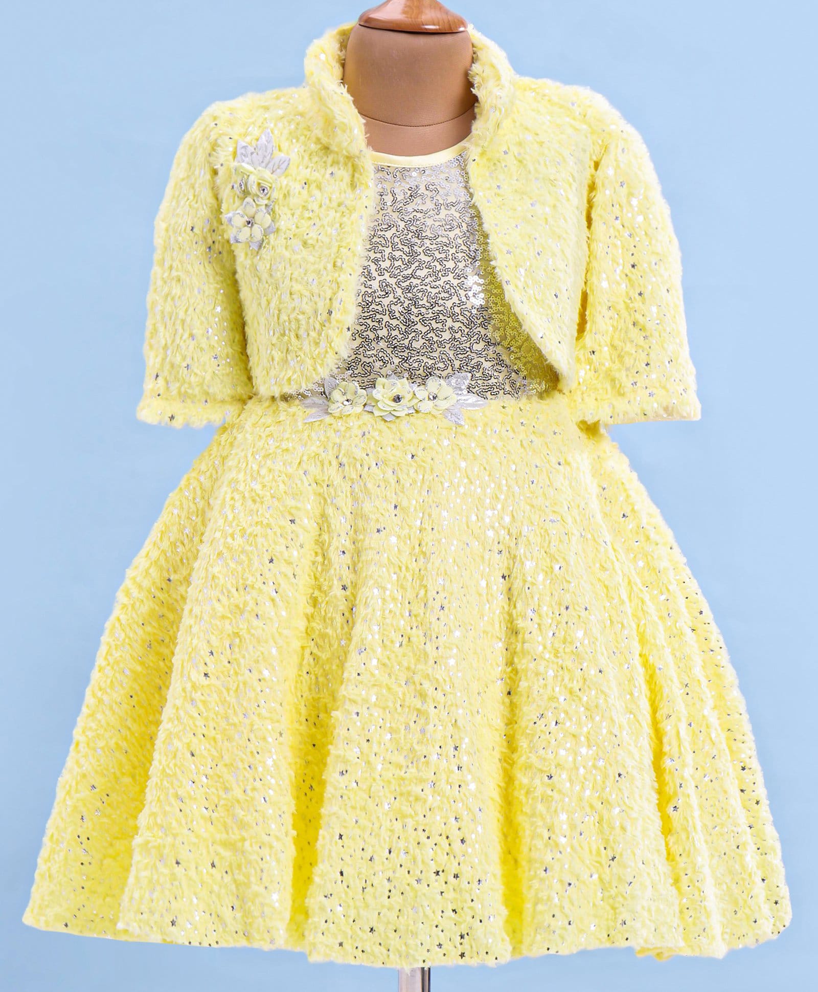 Enfance Fur Knit Full Sleeves Sequinned & Glitter Detailed Dress With Shrug-Lemon-image-38