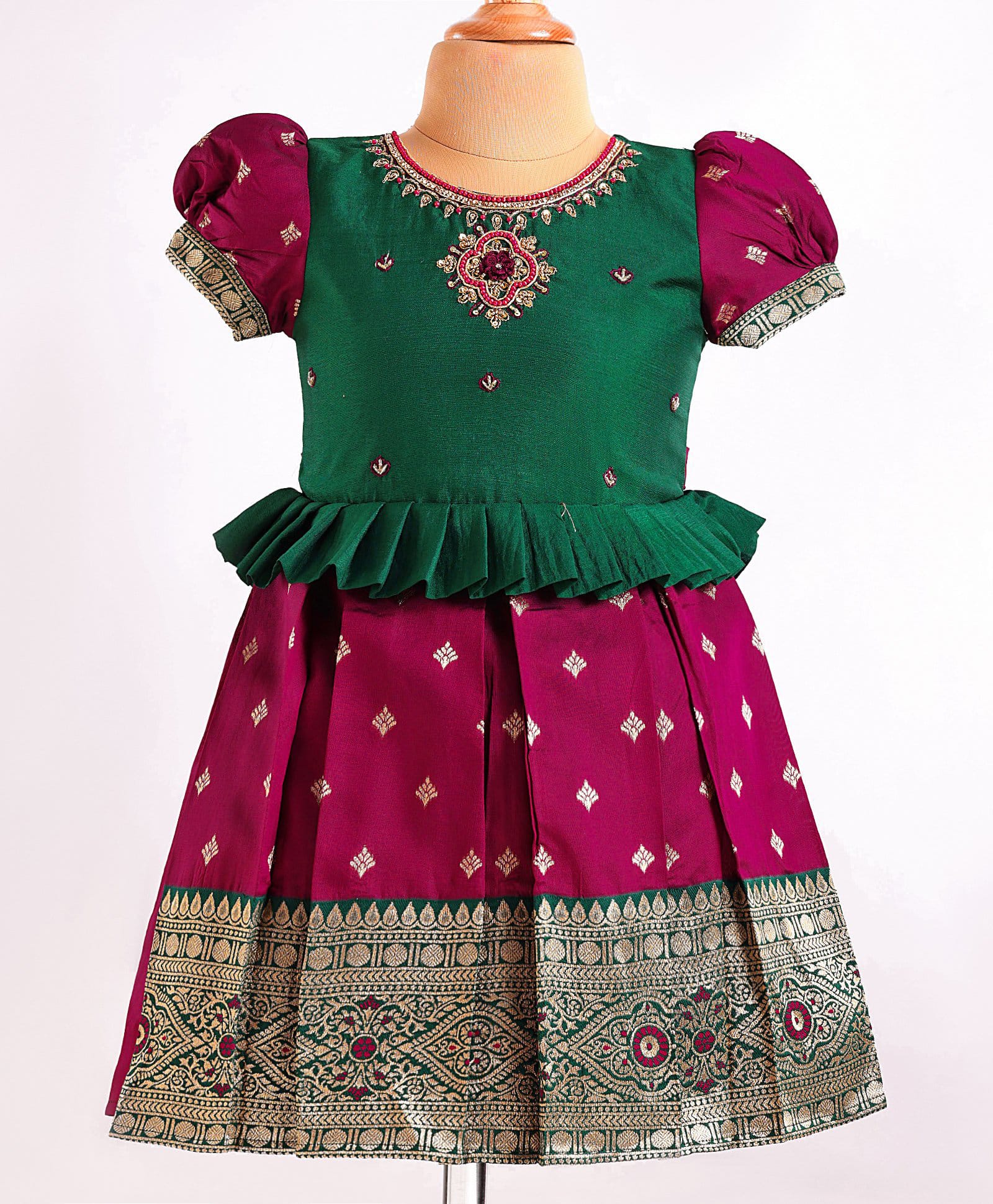 Enfance Cotton Silk Woven Half Puffed Sleeves Banarasi Printed Floral Embroidered Pattu Pavadai Dress- Dark Green & Purple-image-13