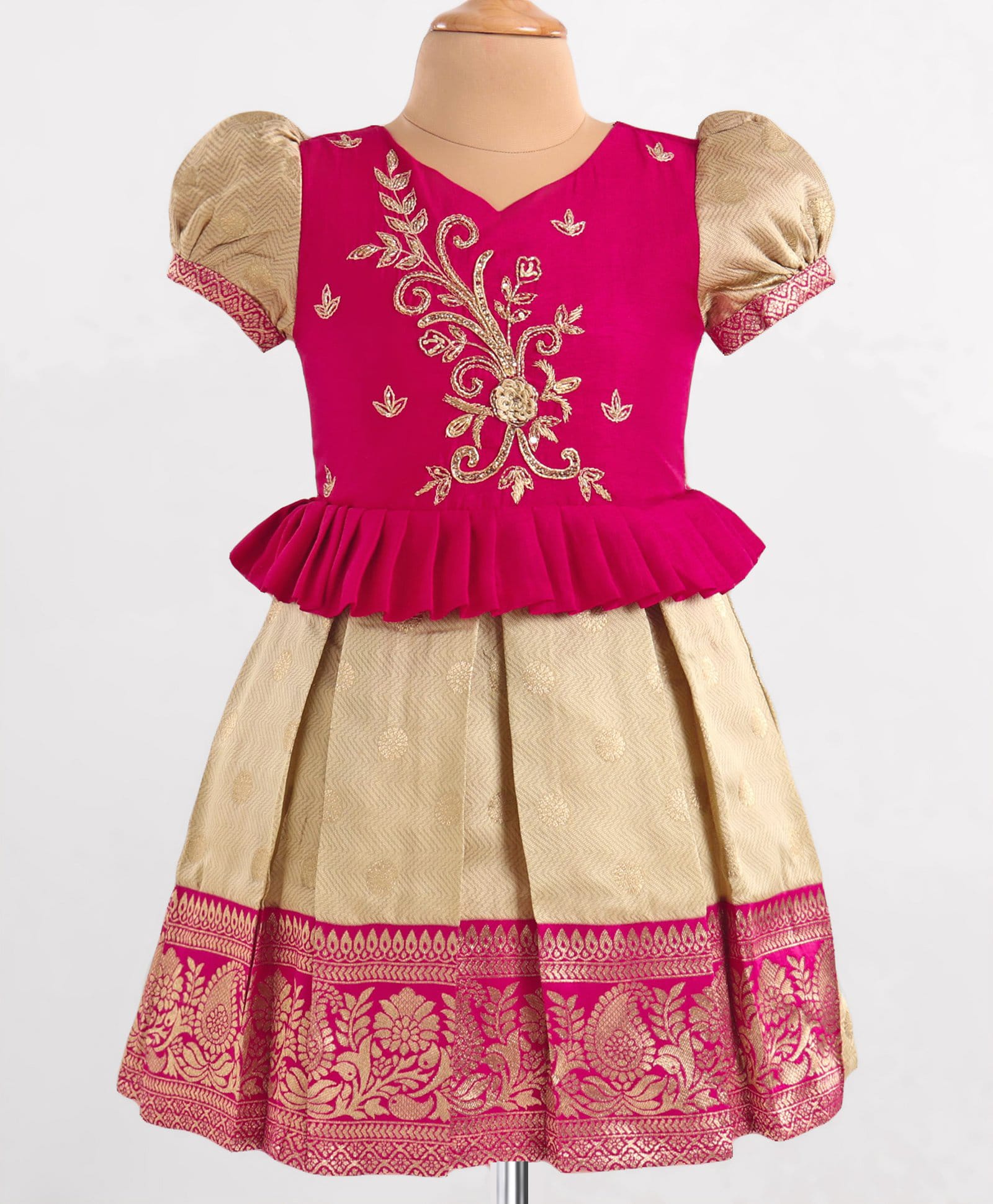 Enfance Cotton Silk Woven Half Puff Sleeves Banarasi Print Pattu Pavdai Dress - Tan-picture-36