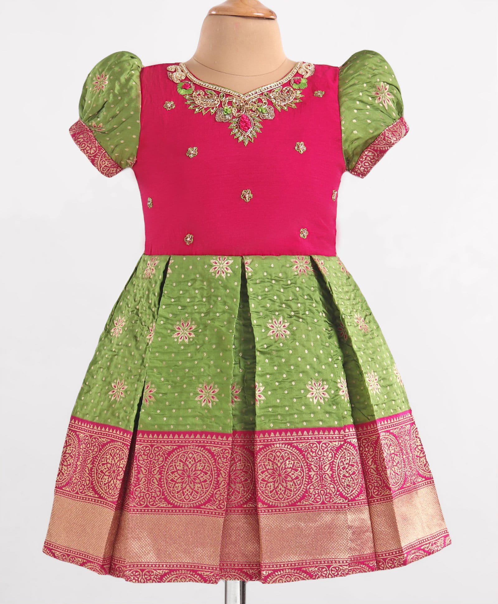 Enfance Cotton Silk Woven Half Puffed Sleeves Banarasi Printed Floral Embroidered Pattu Pavadai Dress- Dark Pink & Light Green-image-23