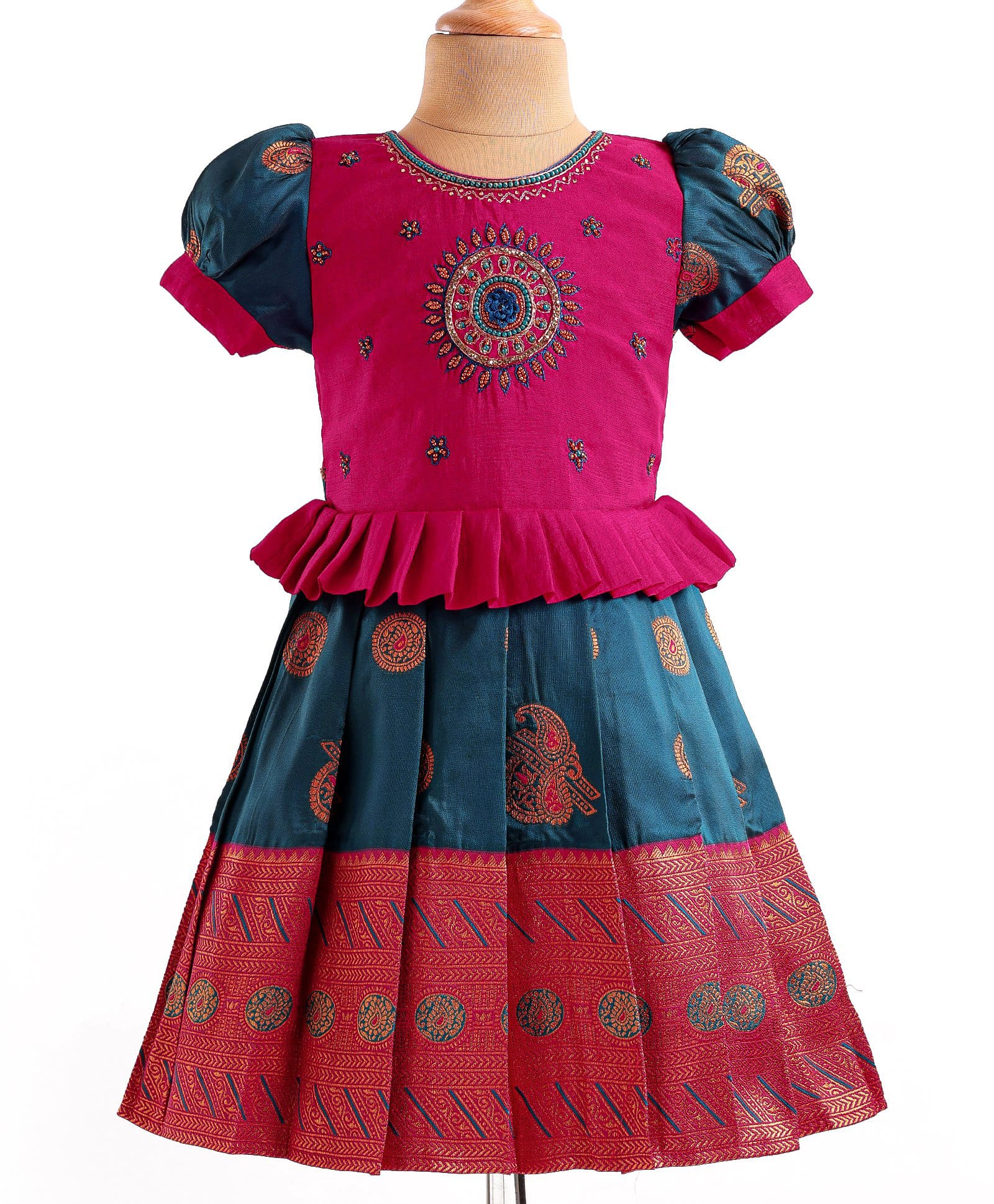 Enfance Cotton Silk Woven Half Puffed Sleeves Banarasi Printed Floral Embroidered Pattu Pavadai Dress- Dark Pink & Blue-image-22