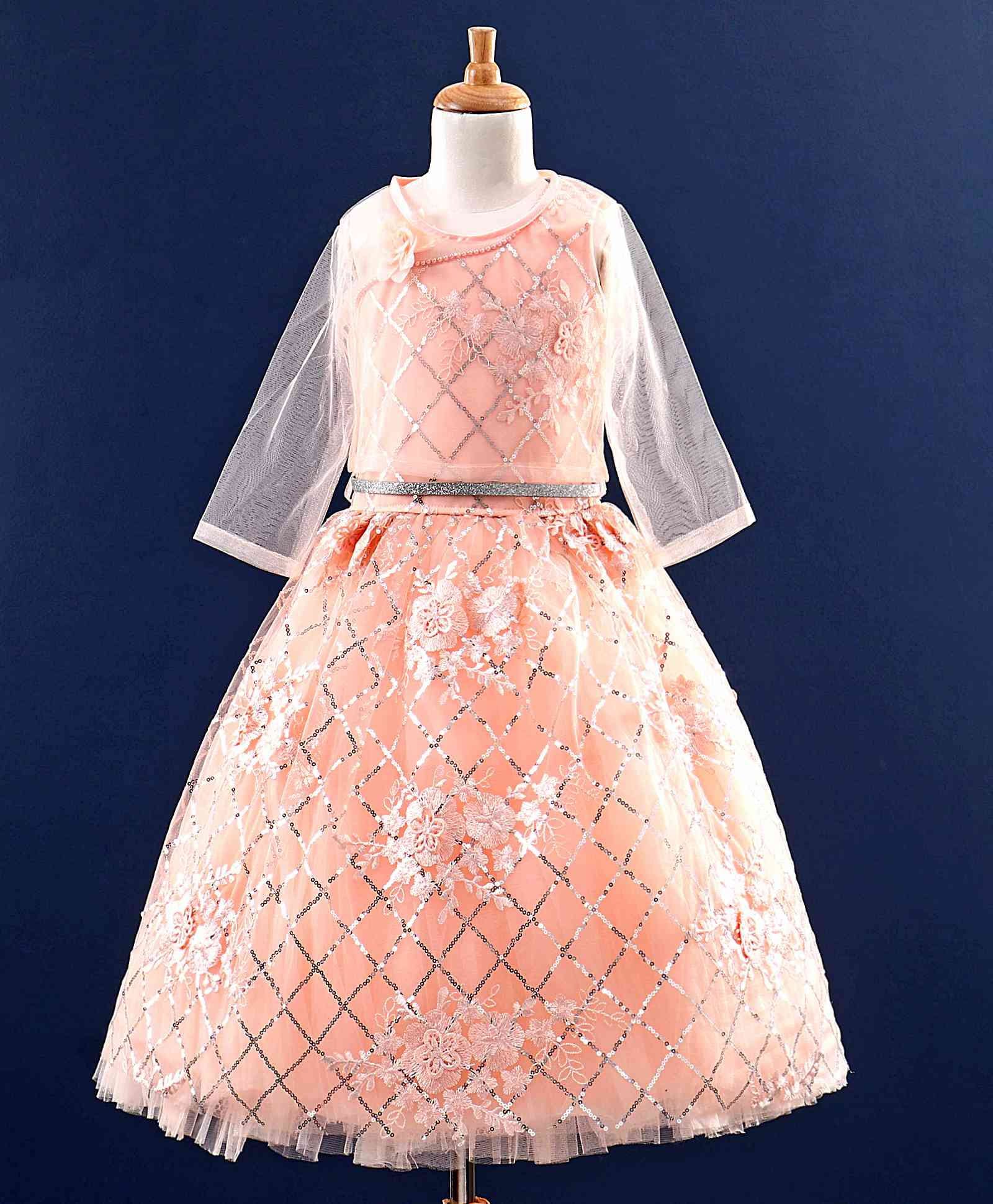 Enfance Sleeveless Net Knit Floral Applique & Sequin Embellished Tulle Gown -Peach-picture-11