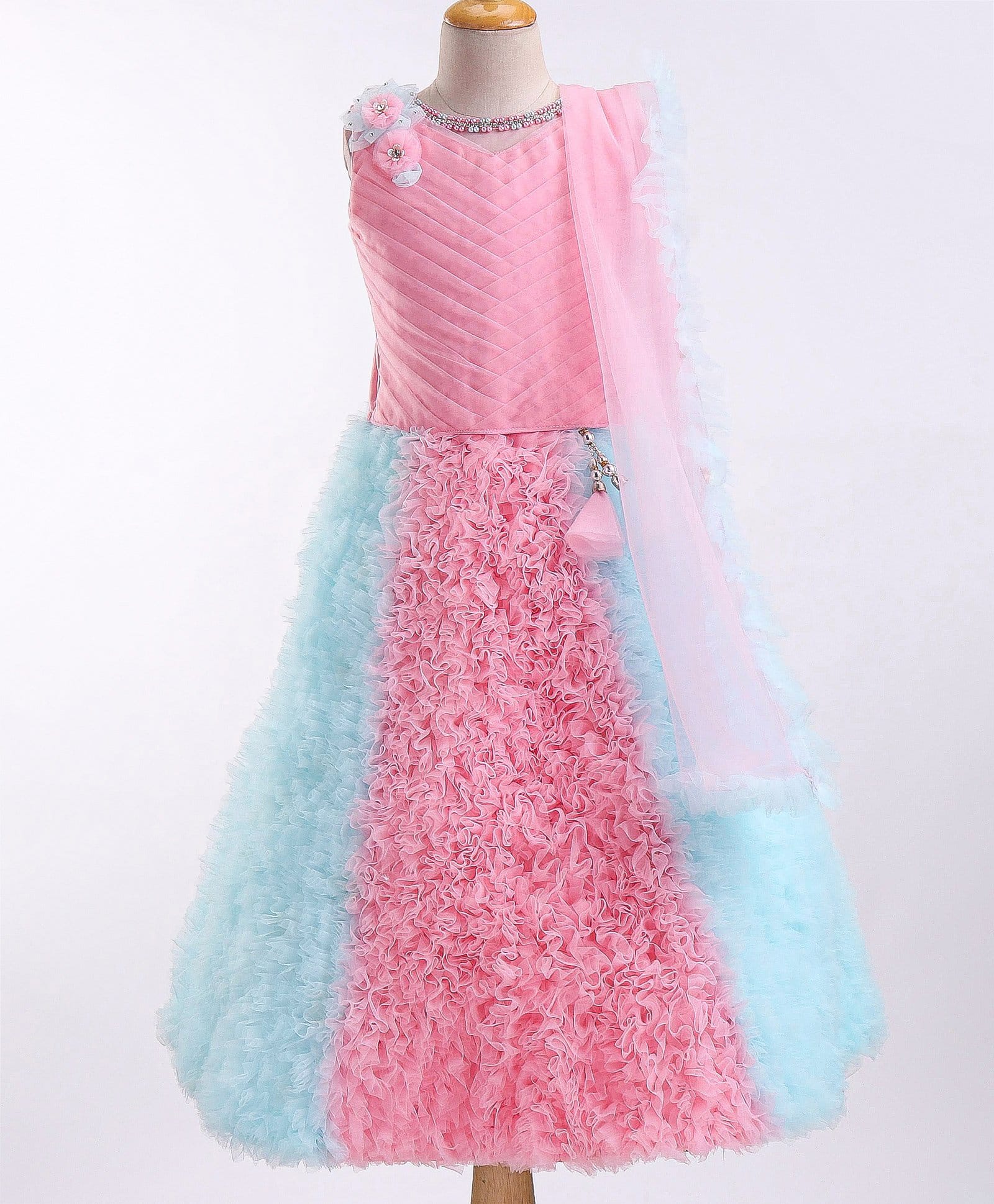 Enfance Sleeveless Net Woven Dress & Dupatta with Floral Applique & Ruffles - Pink & Blue-picture-9