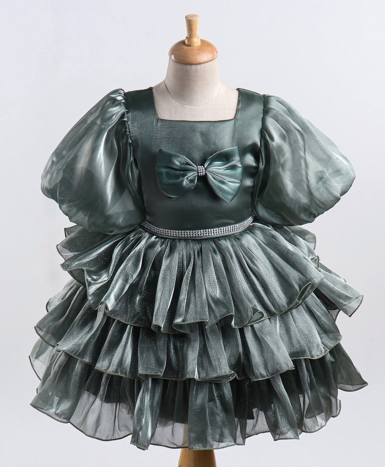 Enfance Net Knit Balloon Sleeves Solid Colour Layered Party Dress with Bow Applique-Olive Green-picture-32