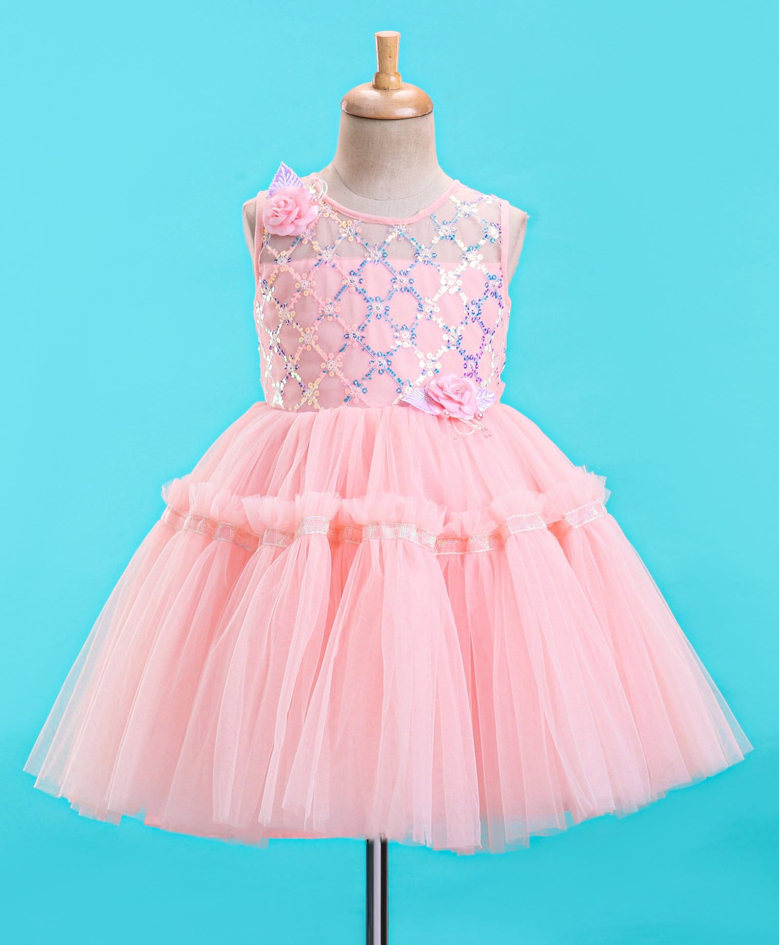 Enfance Net Knit Sleeveless Mesh Yoke Dress With Flower Applique-Peach-image-40