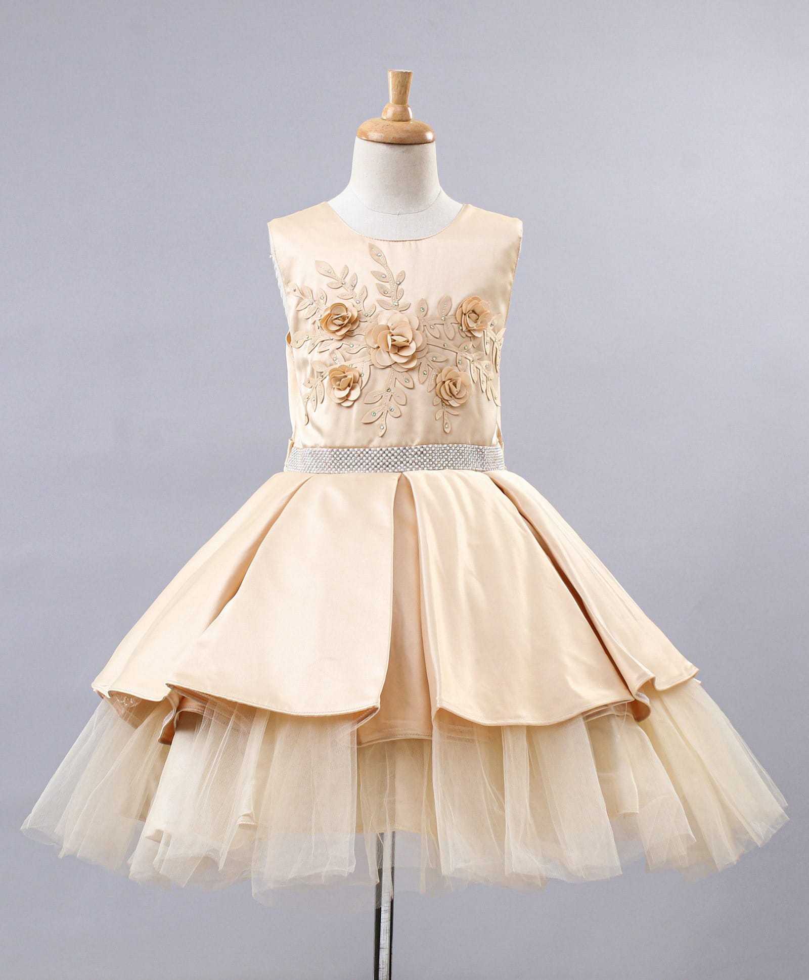 Enfance Net Knit Sleeveless Floral Applique Tutu Flared Dress -Tan-picture-16